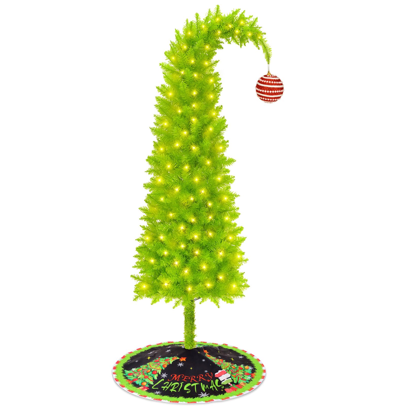 Grinchs Christmas Tree 6FT, Whimsical Bendable Artificial Tree, Lime Green Design with Tree Skirt & Red Ball Ornament, Christmas