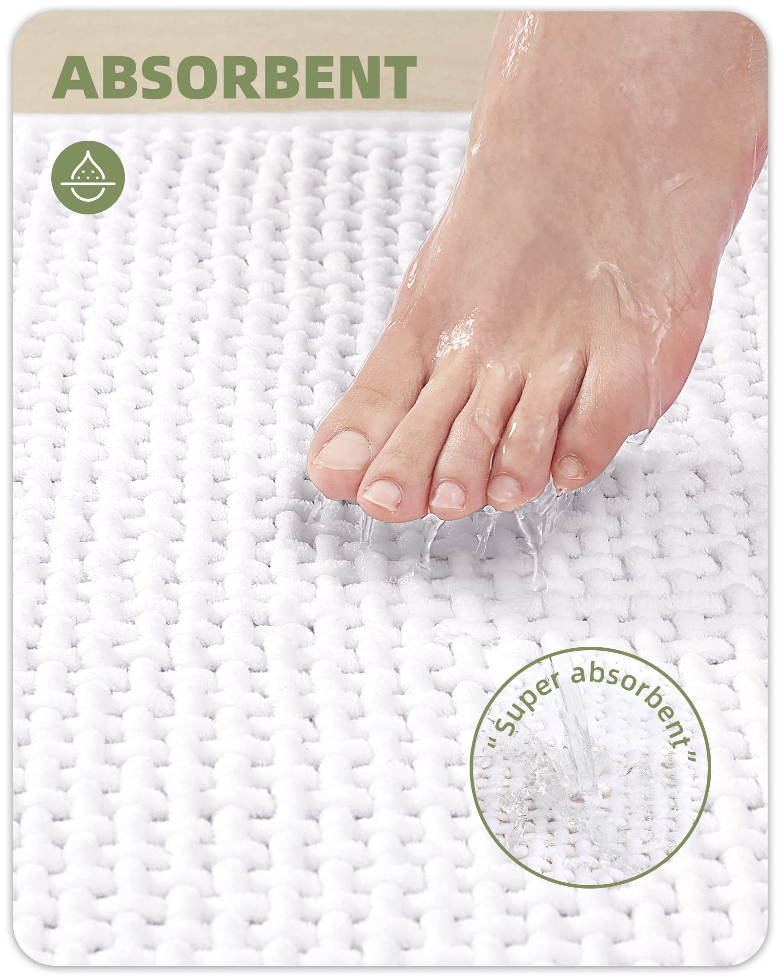 Color&Geometry Chenille Rubber Backed White Bathroom Rugs- Non Slip, Absorbent, Quick Dry, Washable- 17''X29.5'' Standard Sized
