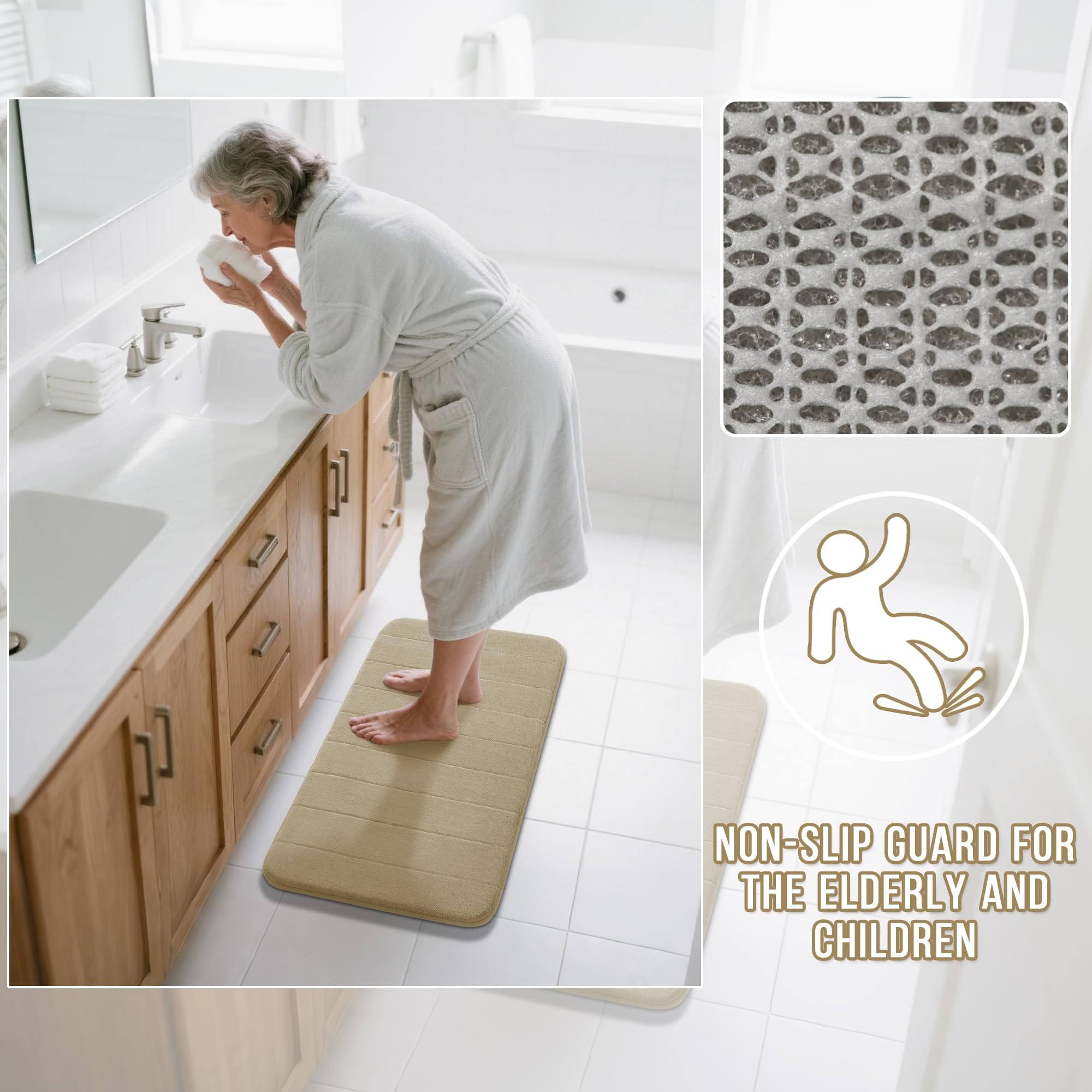 Yimobra 3 Pieces Memory Foam Bath Mat Sets  44.1x24 + 31.5x19.8 and U-Shaped for Bathroom Rugs  Toilet Mats  Non-Slip  Soft Comfortable  Water Absorption  Machine Washable  Camel