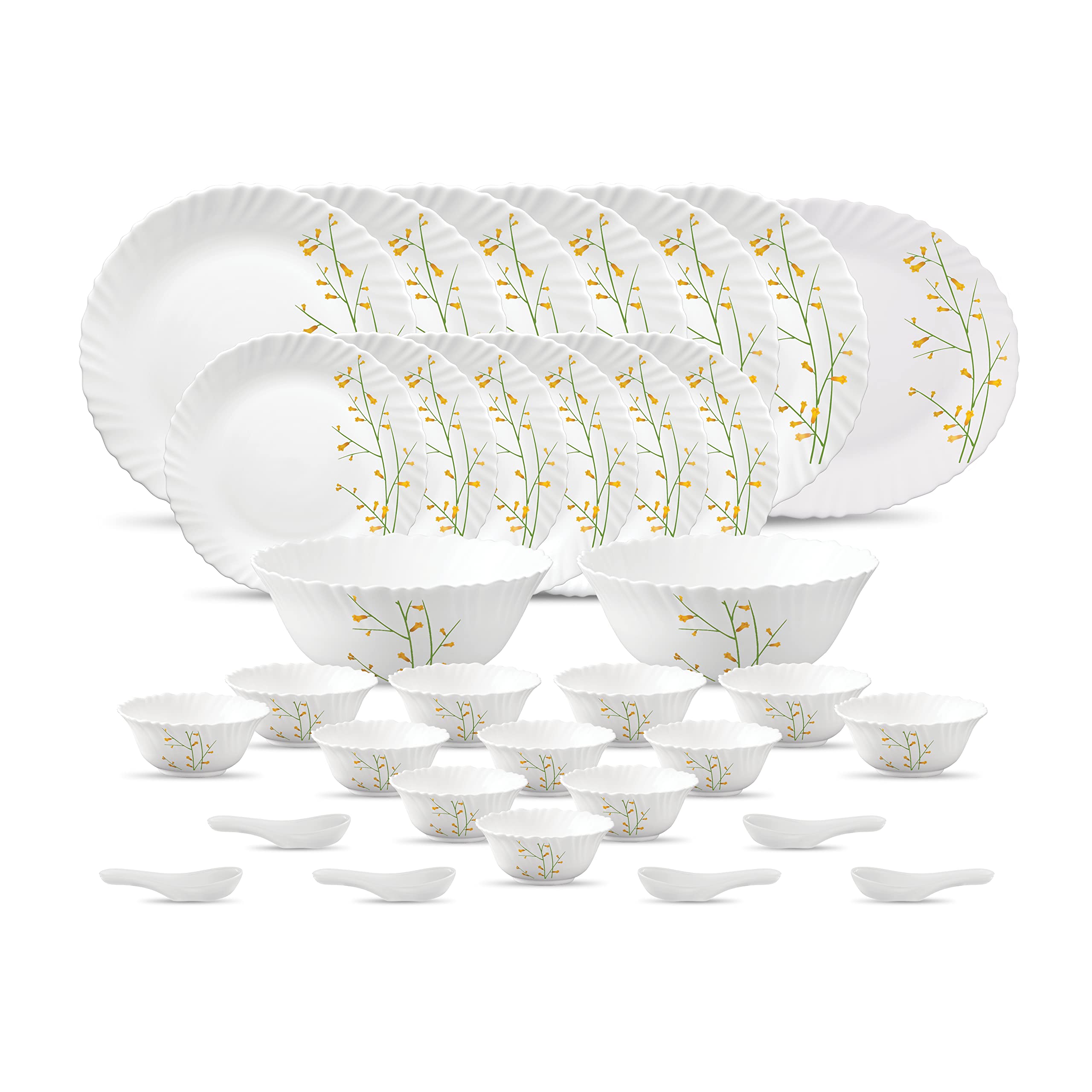 La Opala Diva Classique Collection Opal Glass Crockery | For Family Of 6 | Dinner Set 33 Pcs Citron Weave | Plates & Bowls For D