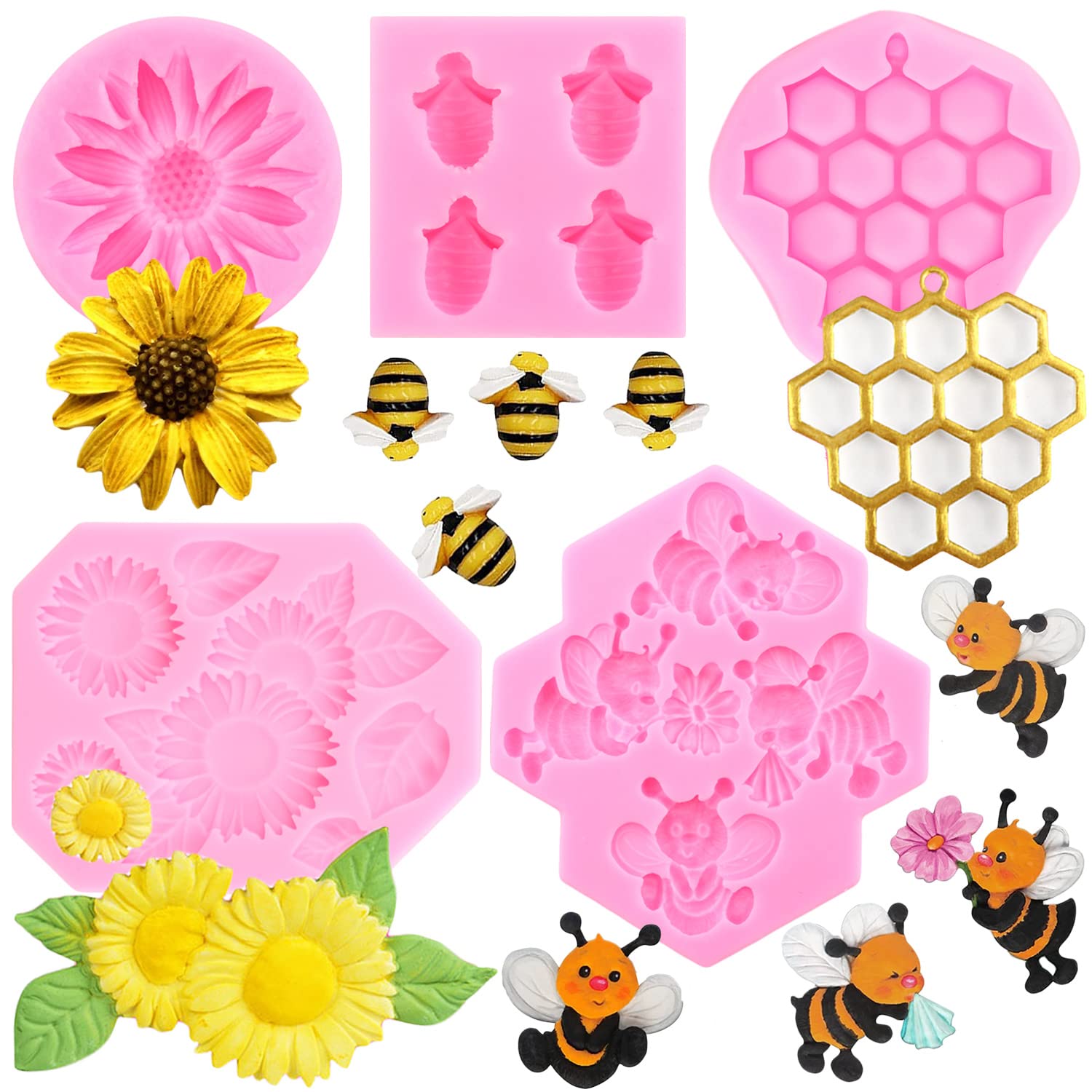Lkdquthm Bumble Bee Silicone Mold Honeycomb Sunflower Bee Fondant Molds For Cupcake Topper Cake Decorating Sugar Chocolate Candy