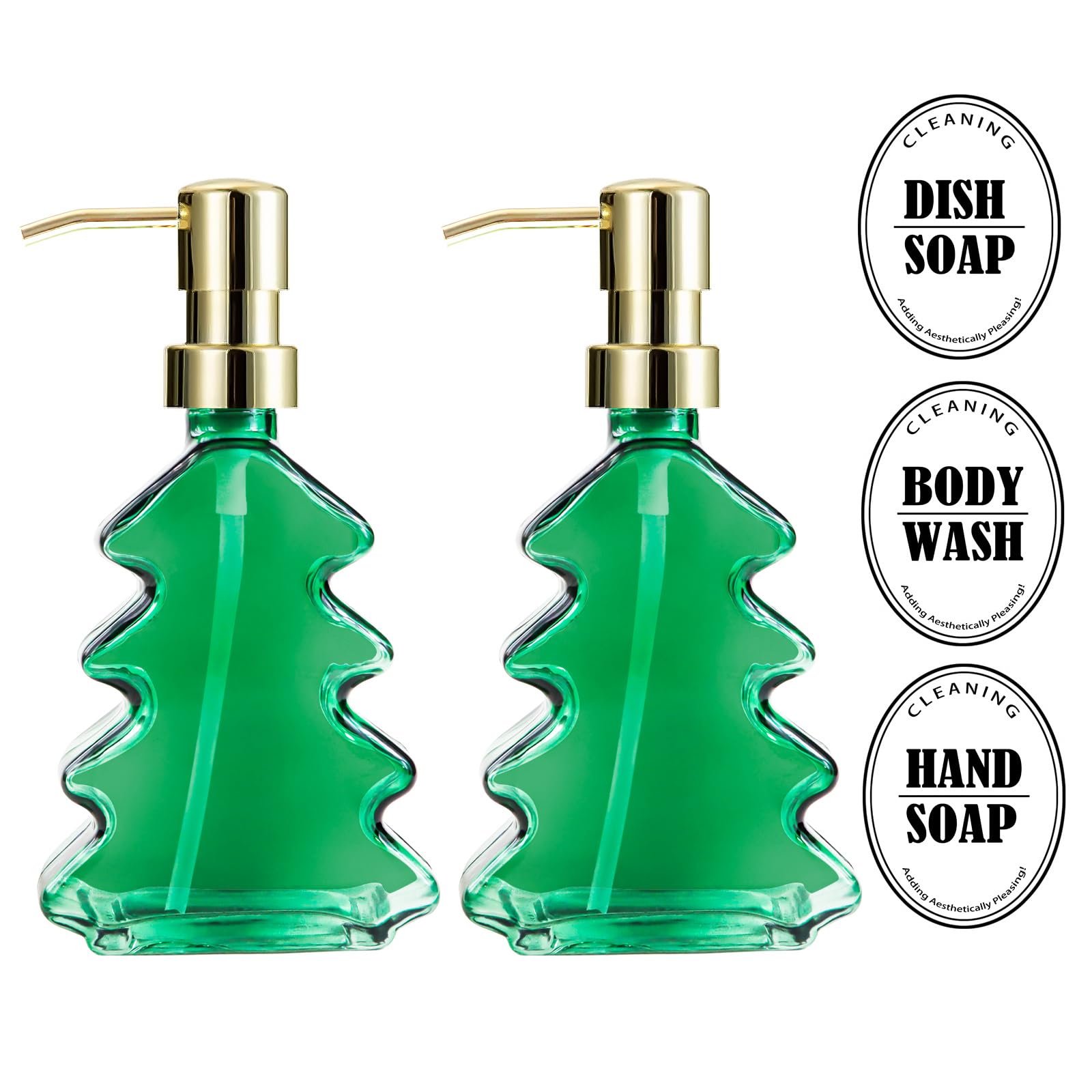 Syfurnix Christmas Soap Dispenser 2Pcs Green Glass Hand Soap Dispenser For Bathroom, Kitchen Sink, Dish Soap Dispenser With Pump