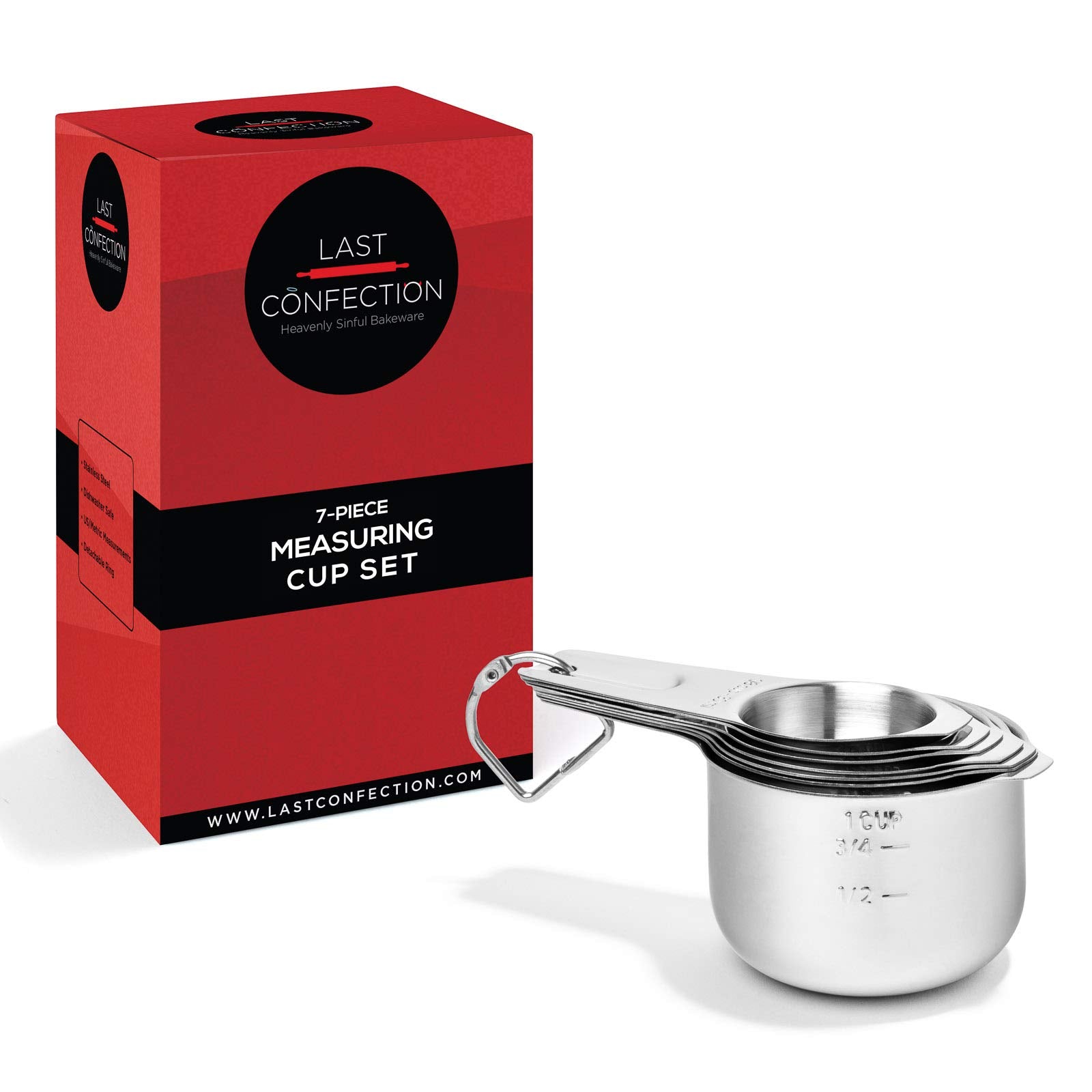 Last Confection 7Pc Stainless Steel Measuring Cup Set - Includes 1/8 Cup Coffee Scoop - Measurements For Dry And Liquid Cooking