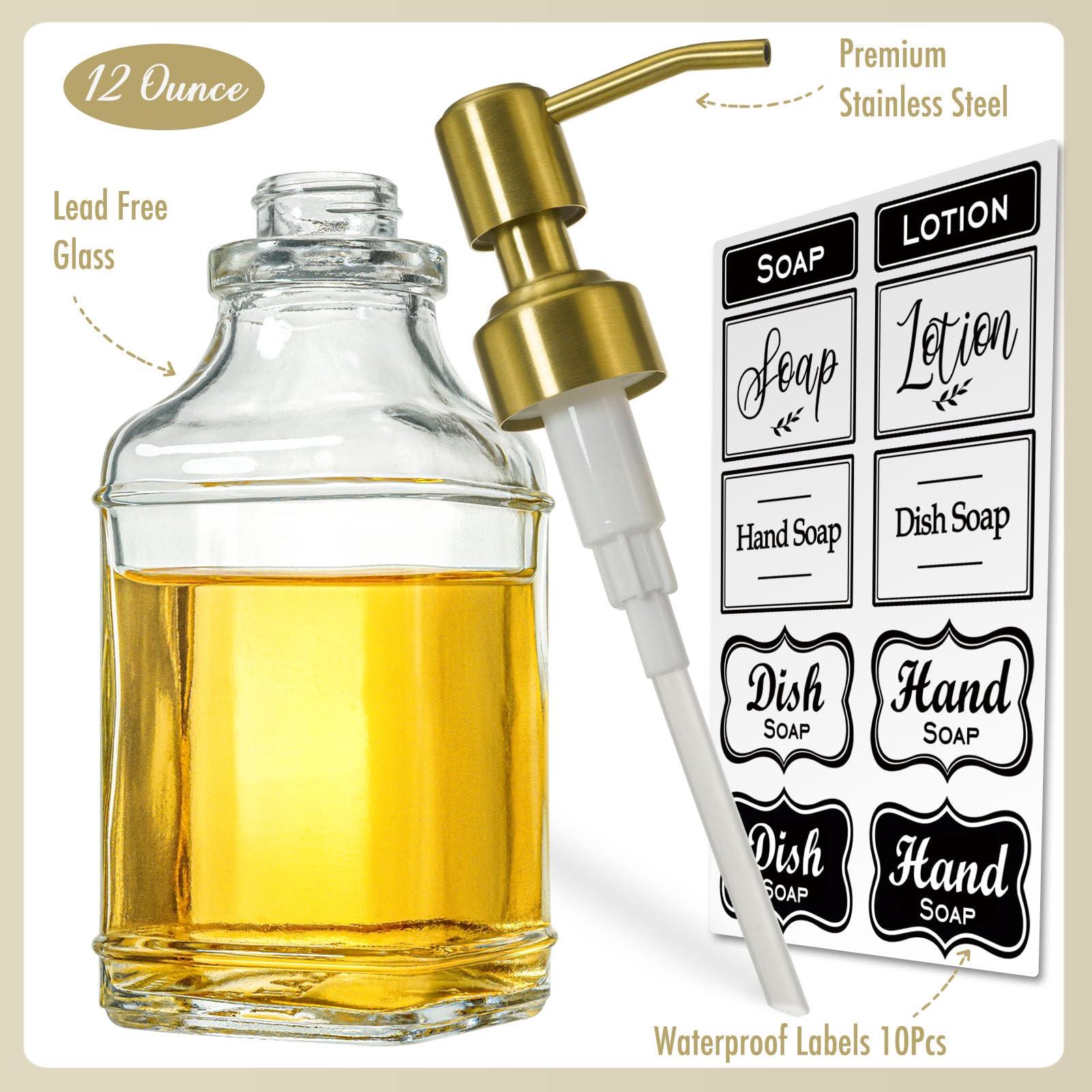 Jasai Antique Square Glass Soap Dispenser With Golden Rust Proof Pump, Refillable Soap Dispenser With 10Pcs Stickers For Kitchen