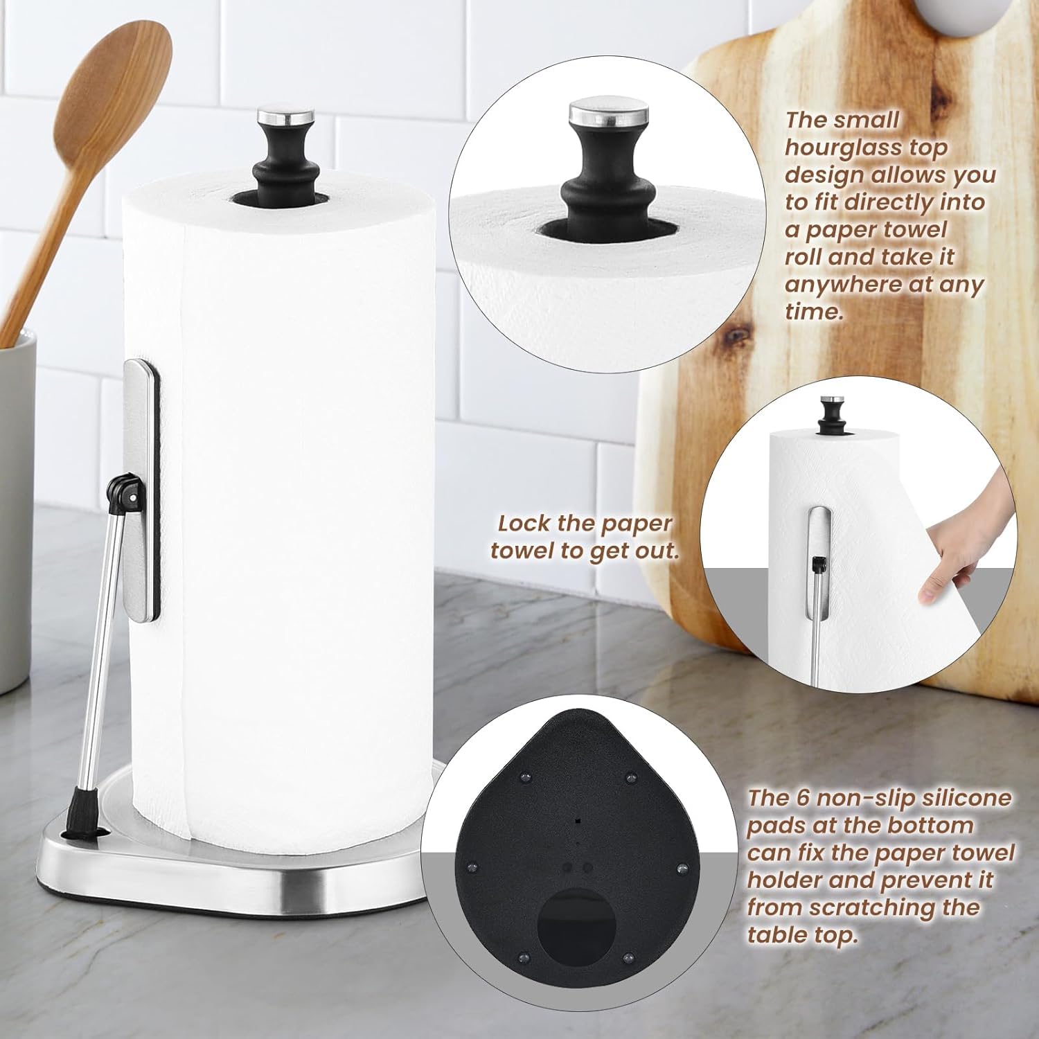 Dailyart Paper Towel Holder For One Hand Tear - Countertop With Tension Arm & Non Slip Weighted Base, Stainless Steel Paper Towe