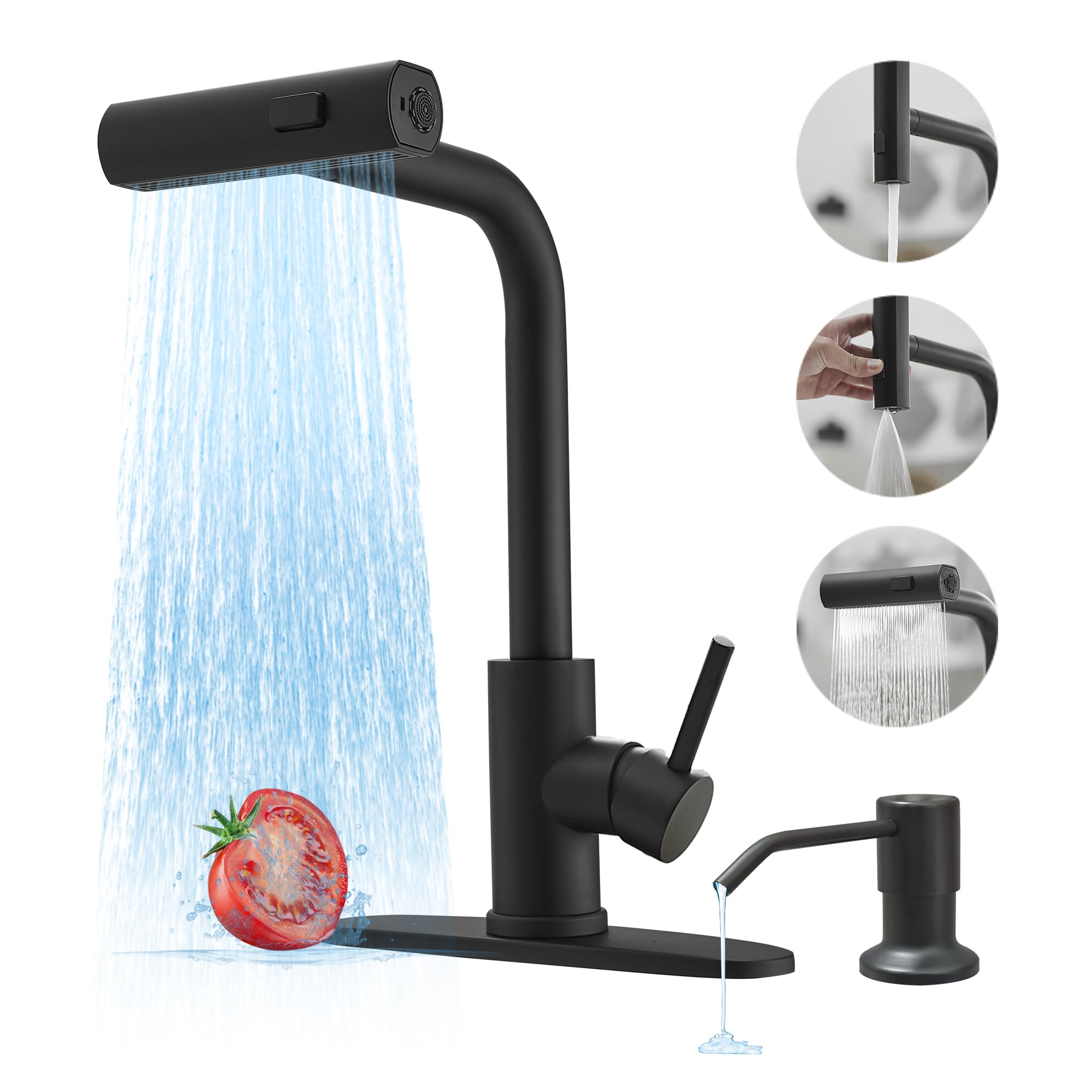 Black Kitchen Faucets with Pull Down Sprayer,Waterfall Kitchen Sink Faucet with Soap Dispenser,Utility Stainless Steel Kitchen F