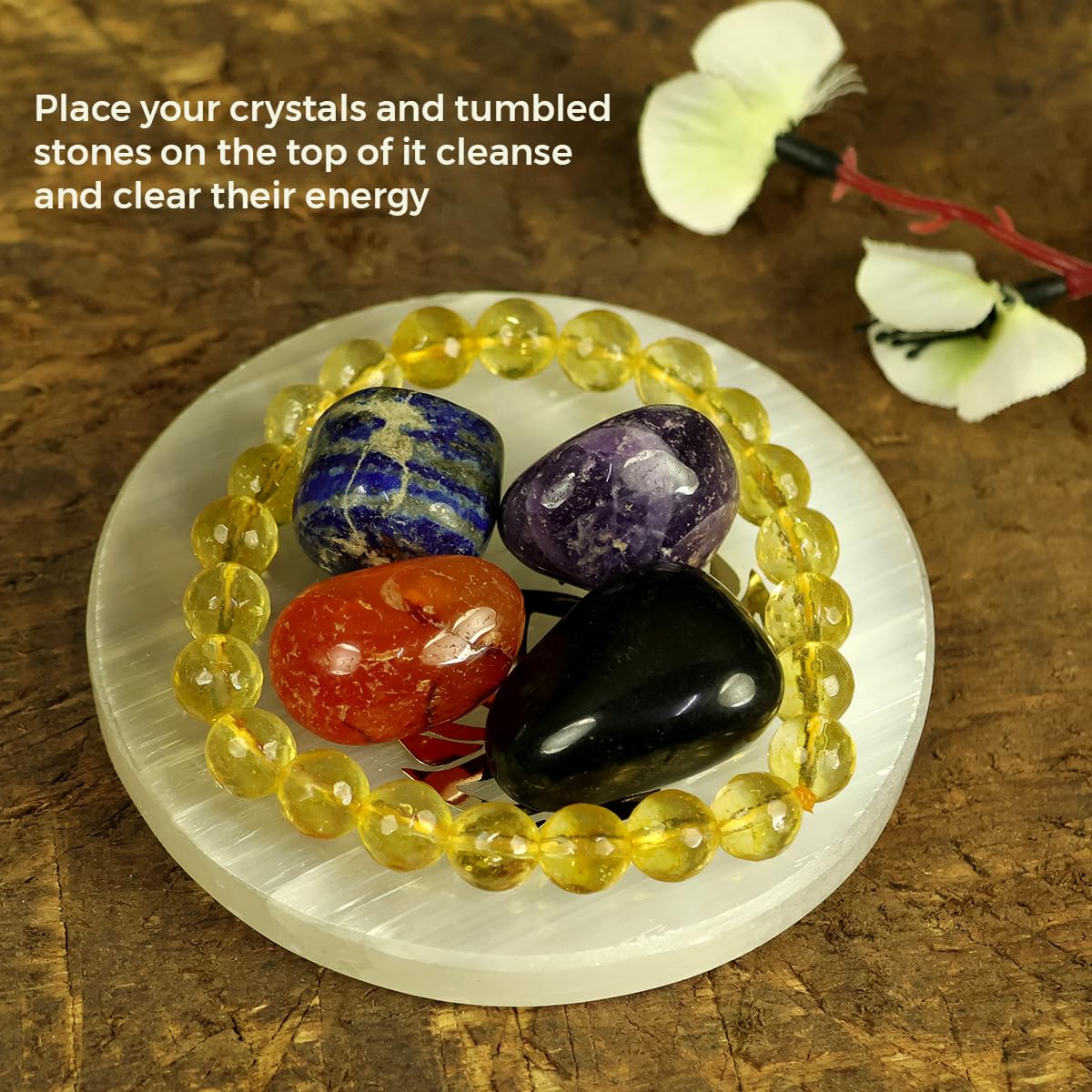 Reiki Crystal Products Selenite Charging Plate Coaster With Shree Yantra Symbol Size 7.6 Cm (3 Inch)