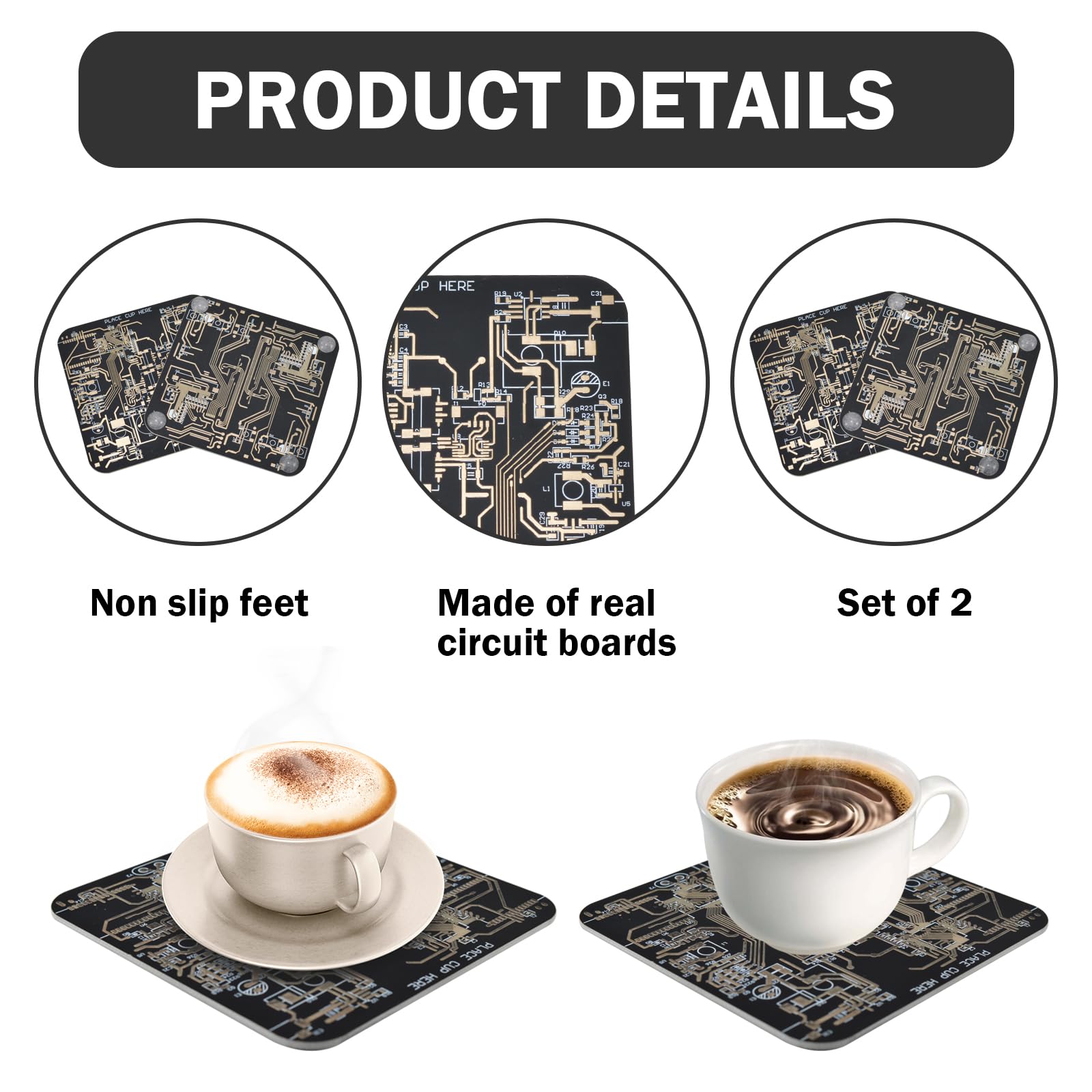 2 Pcs Circuit Board Coasters Coasters For Drinks In Pcb-Design Black Immersion Gold Circuit Board Coasters For Men Funny Drink C