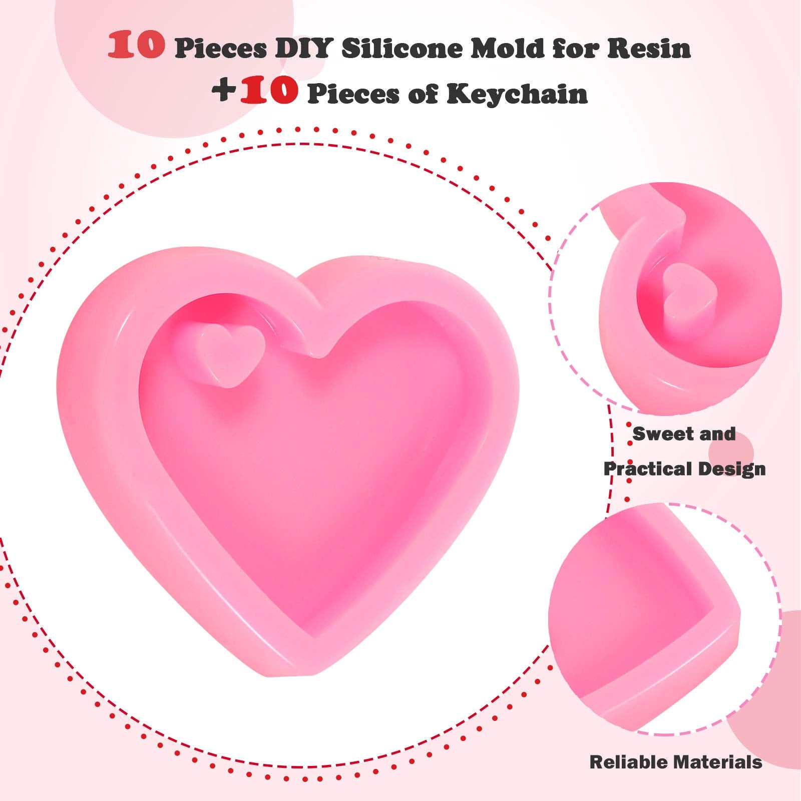 Patelai 10 Set Heart Silicone Mold With Hole Valentine'S Day Heart Mould With 10 Pcs Key Rings For Diy Keychain Craft Heart Shap
