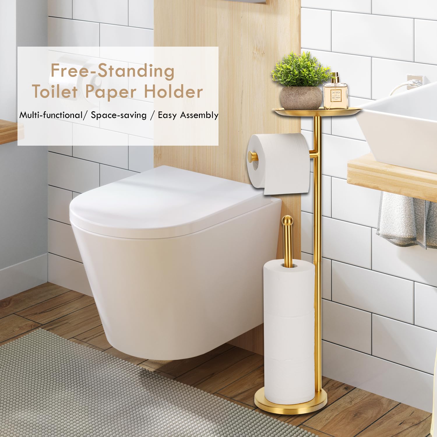 Kalitro Toilet Paper Holder Freestanding With Big Shelf, 4 Rolls Reserve Paper Holder Stand, Modern Paper Roll Holder With Stora