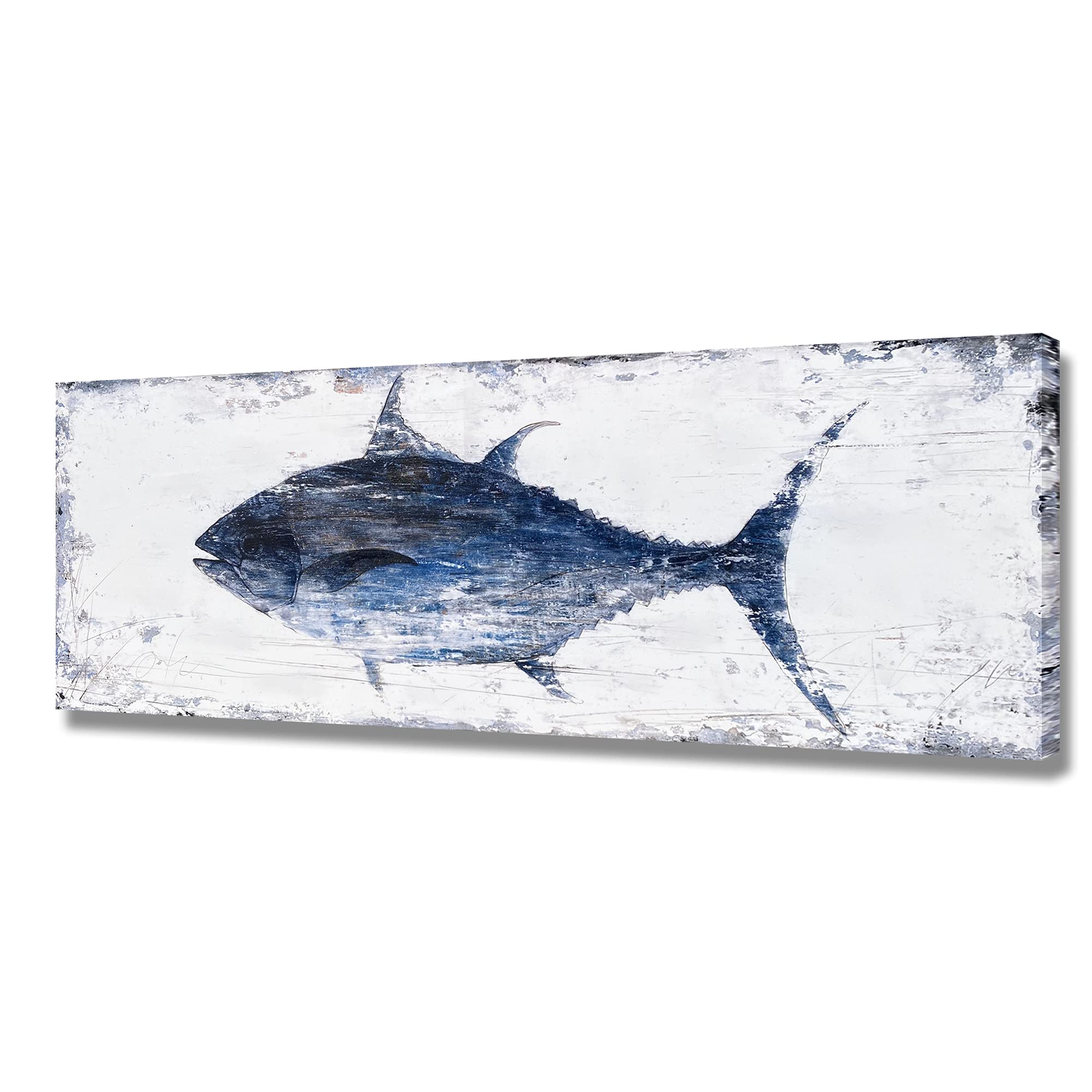 Batrendy Arts Tuna Picture Wall Art Navy Blue And White Fish Canvas Painting Nautical Beach Coastal Style Artwork For Bathroom L