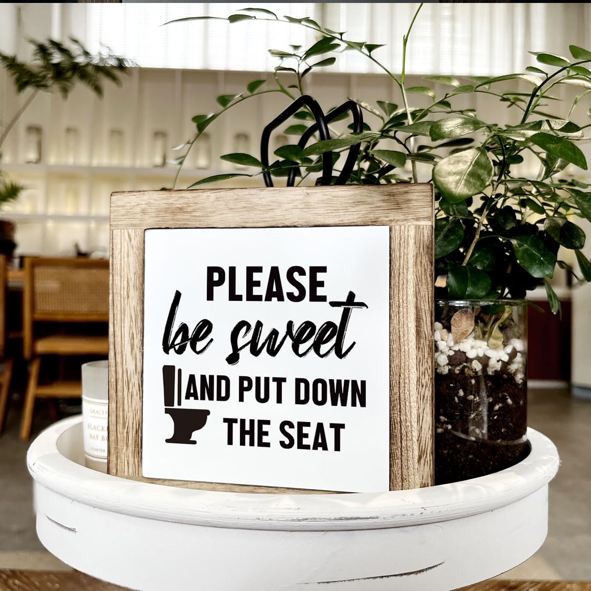 Wooden Box Signs for Home Decor, Funny Bathroom Sign, Please Be Sweet and Put Down the Seat Sign, Farmhouse Bathroom Decor Table
