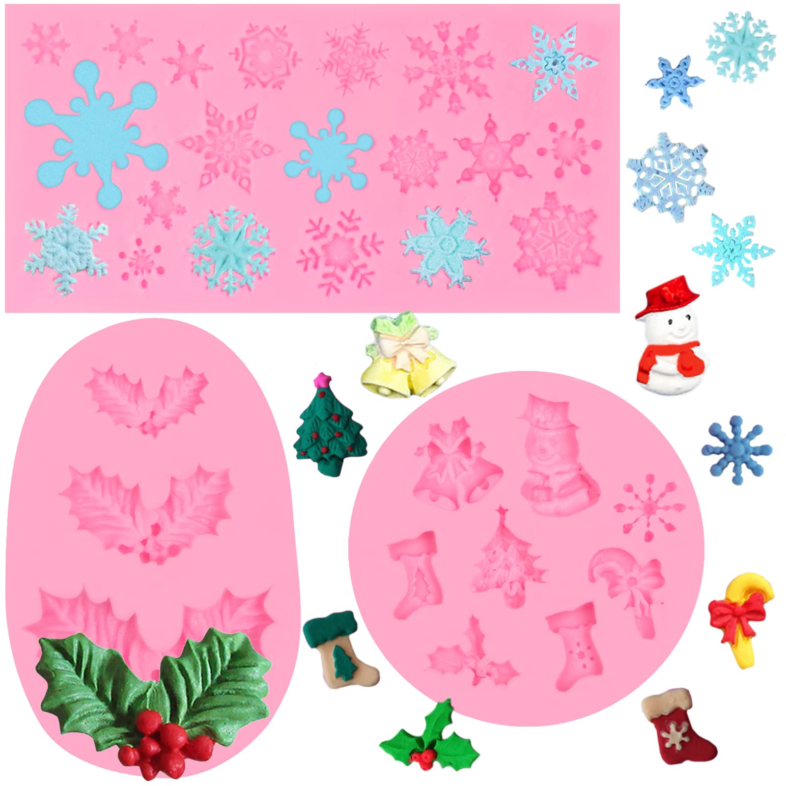 Christmas Snowflake Fondant Silicone Molds 3 Pcs, Christmas Holly Leaf Sock Walking Stick Chocolate Mold For Cake Decoration Can
