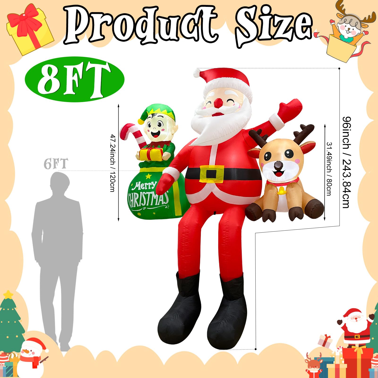 Fayavoo 8FT Christmas Inflatables Outdoor Decorations, Climbing Santa Claus Inflatable Xmas Decor with Elf & Reindeer Built-in L