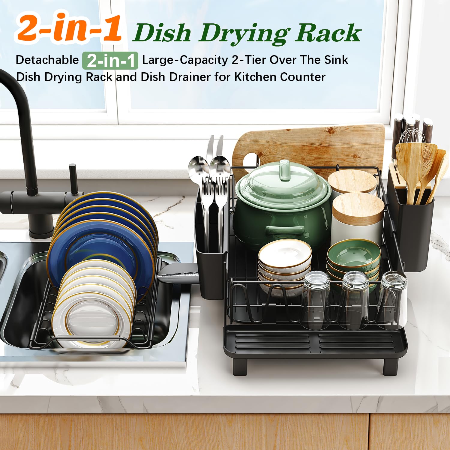 Runnatal Large Dish Drying Rack With Drainboard Set, Stainless Steel Detachable 2-In-1 Large-Capacity 2-Tier Over The Sink Anti-