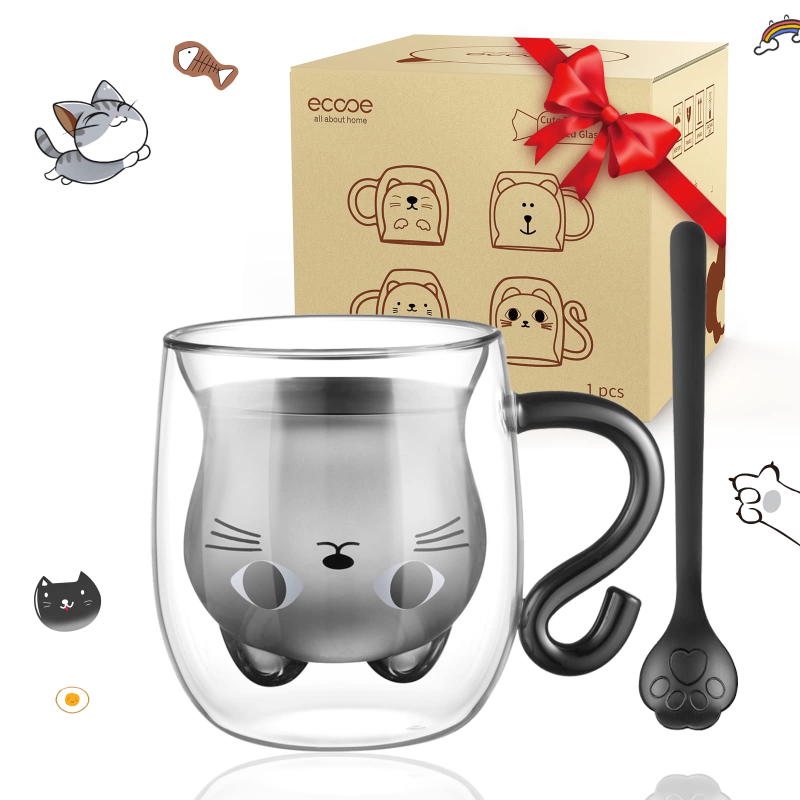 Ecooe Cute Cat Mug Glass Coffee Cup 9.8Oz Double Walled Glass Mug Cappuccino Latte Glass Cup With Handle Spoon, Milk Tea Cat Cup
