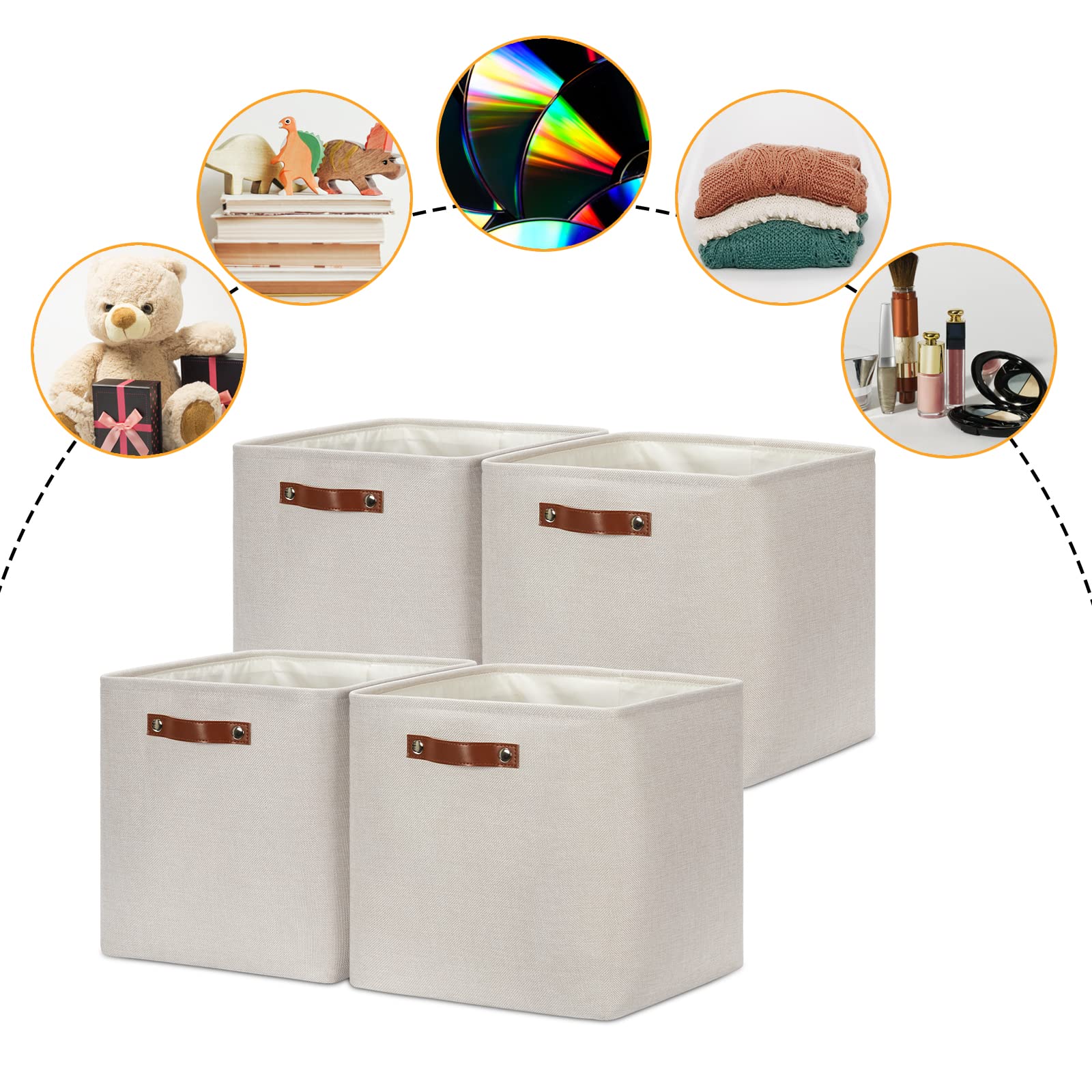 DULLEMELO Storage Bins  4 Pack Of 13x13x13 Decorative Storage Cube Bins Suit Office  Home  Shelves And Closet  Cube Storage Bin with Leather handle(4 Pack - 13 '' Beige)