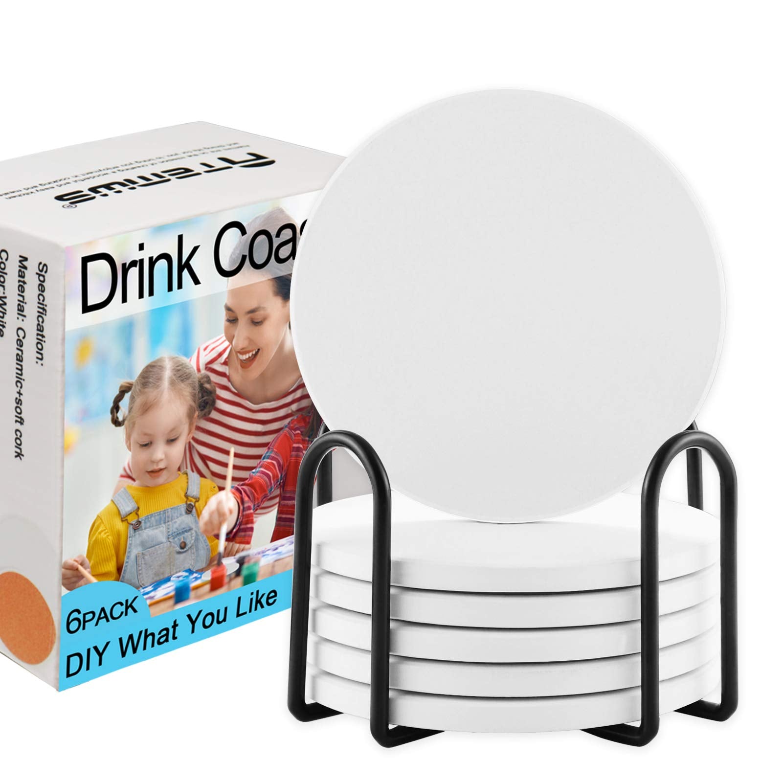 Atemws Coasters For Drinks Absorbent With Holder,Set Of 6 White Marble Coaster 4 '' Modern Circle Drinks Coasters Ready-To-Paint