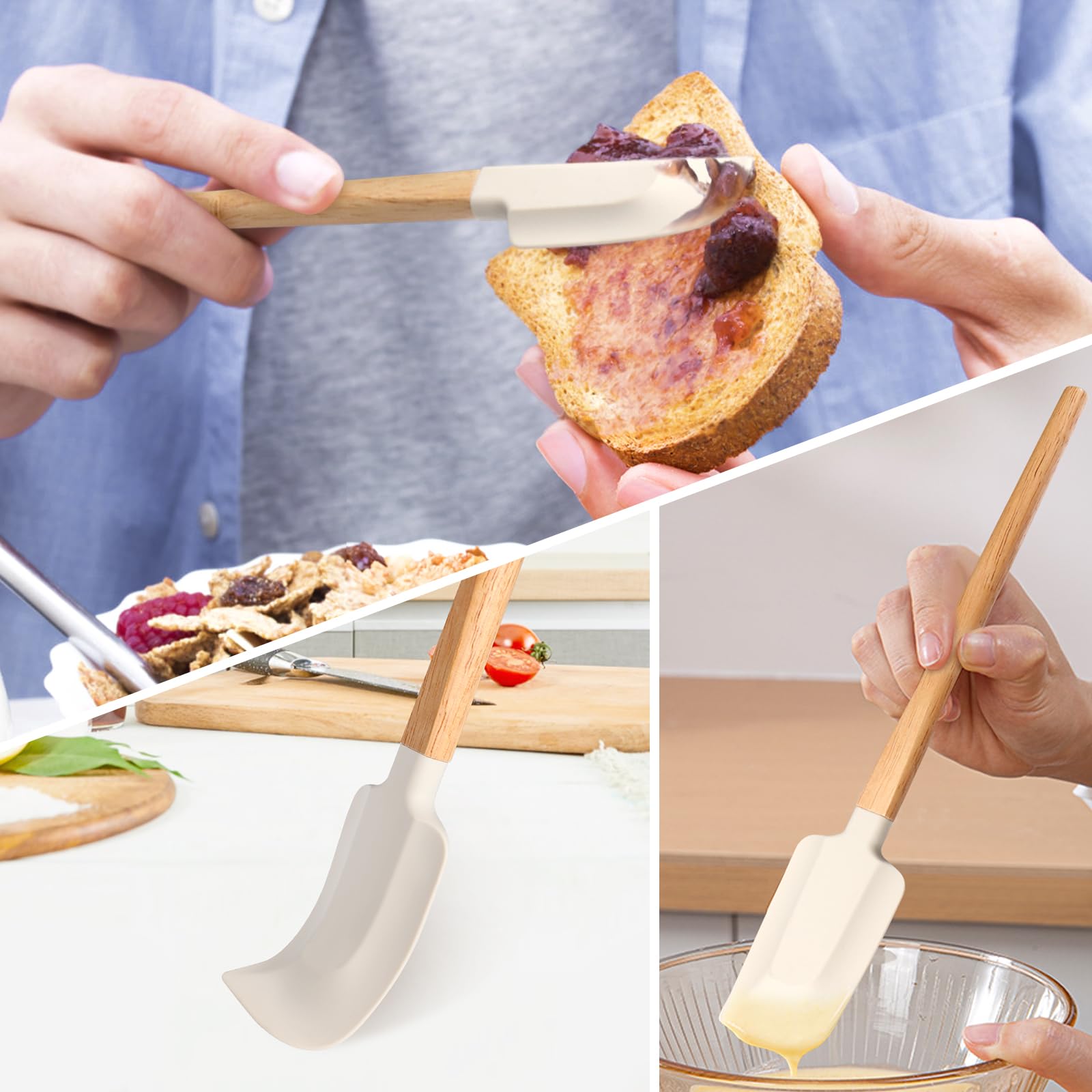 Lorisarm Wooden Handle Spatula Set, 12'' & 9'' Rubber Spatula Silicone Spatulas For Baking Cooking And Mixing.