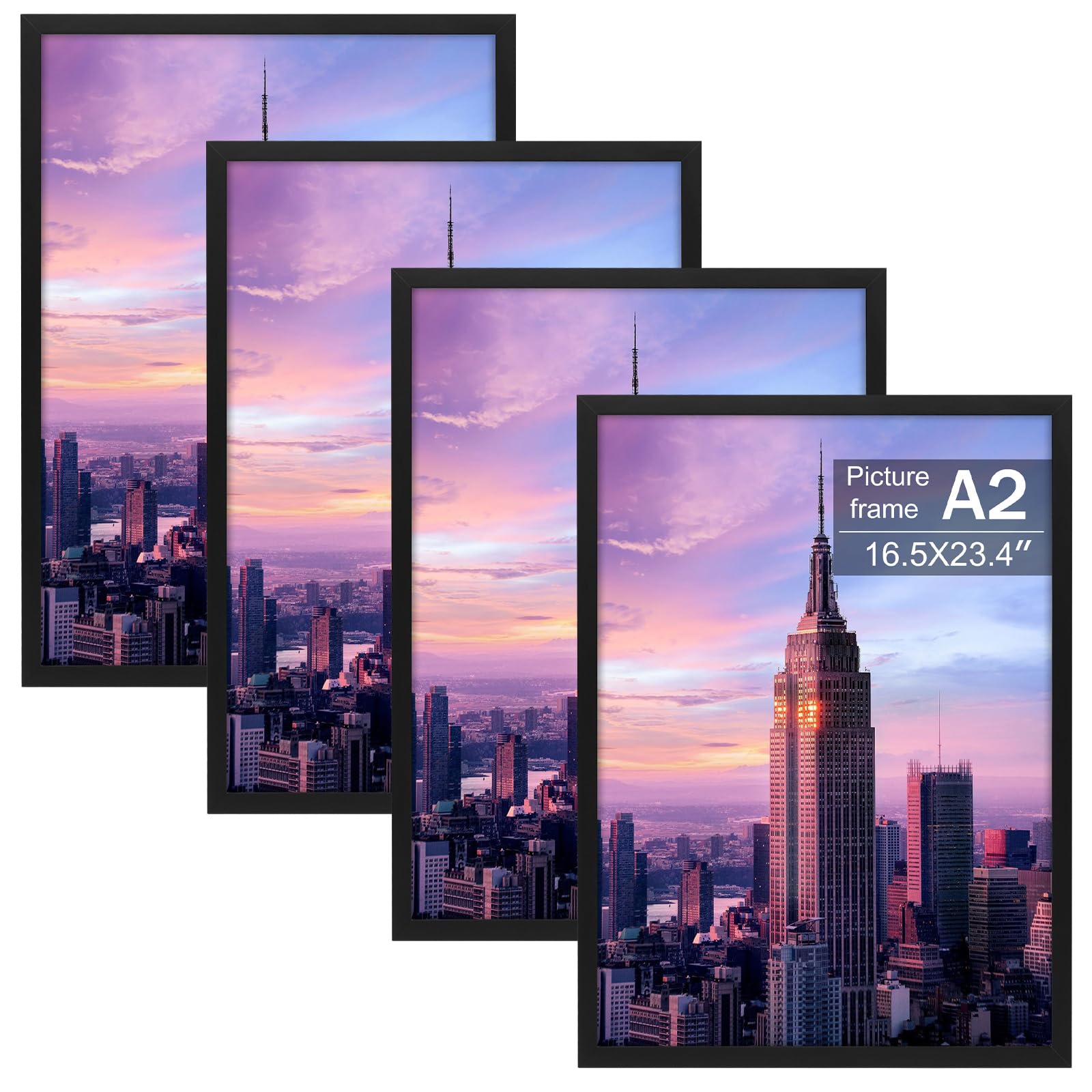 Golden State Art, A2 Black Photo Frame - Solid Wood And Display 16.5X23.4 Picture Without Mat (Wall Display), Set of 4