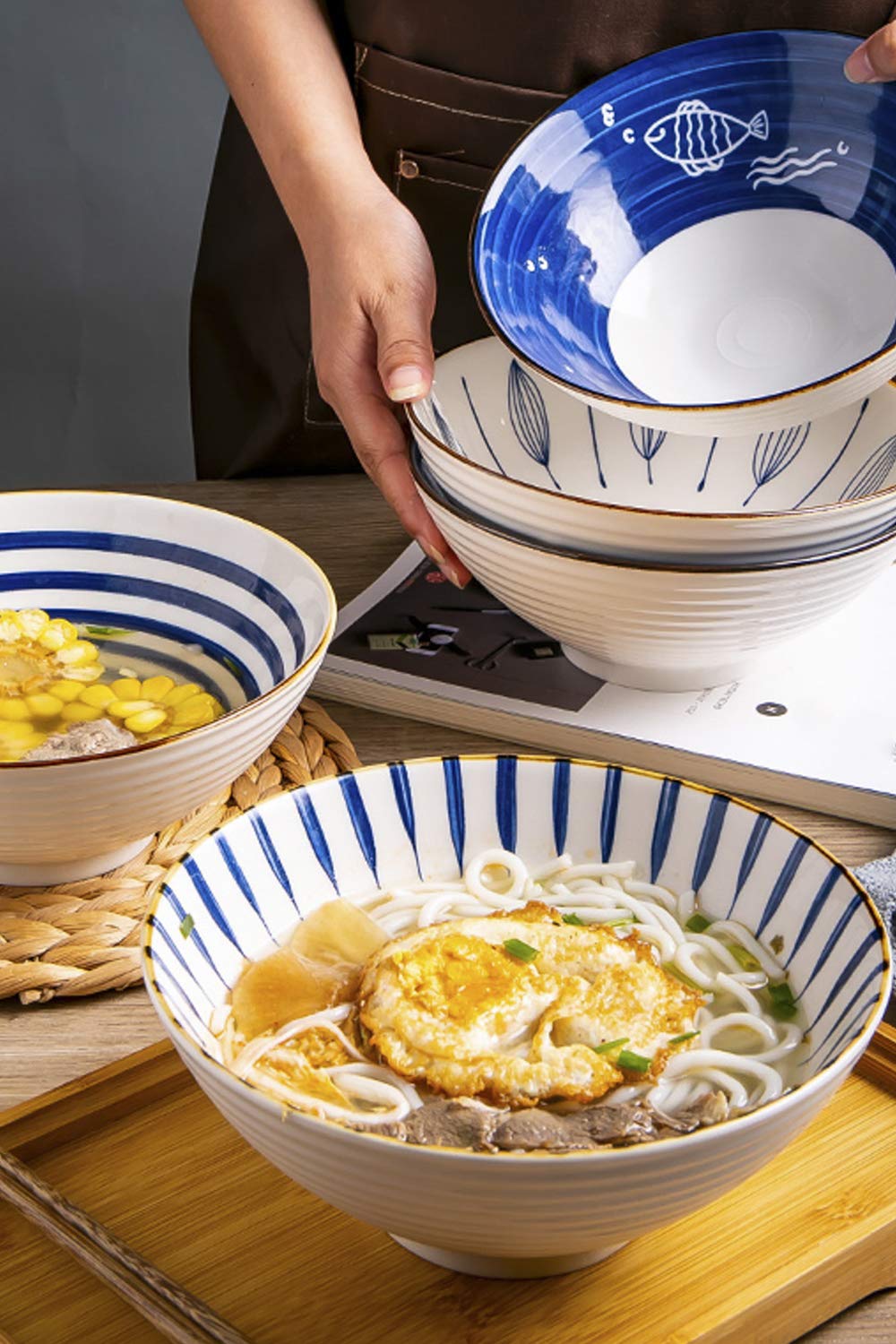 Porcelain Bowls Set Of 4, Ceramic Salad Bowl, Large Serving Bowl For Desserts, Ramen, Pho, Noodles, 35 Ounce,8-Inch Pho, Noodles