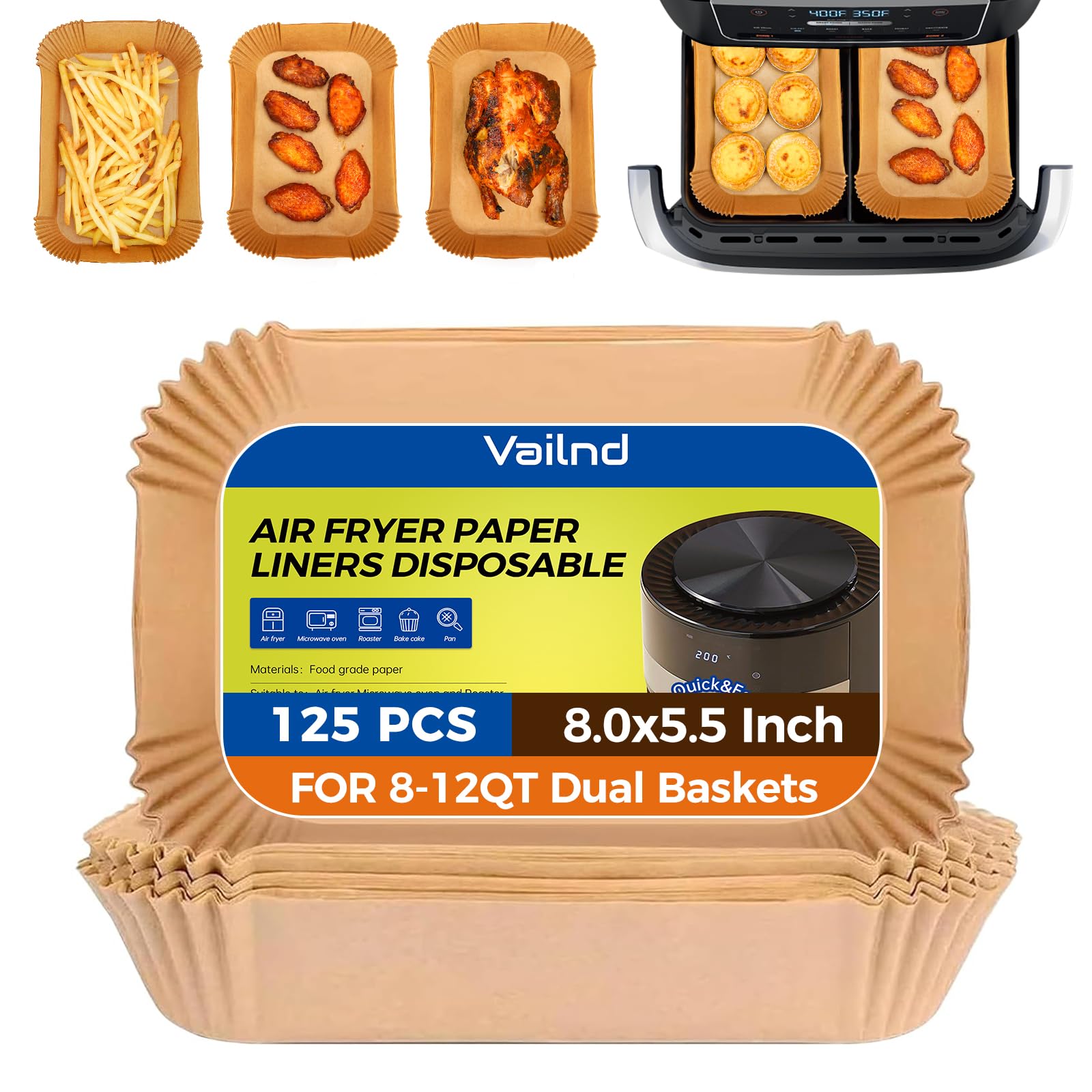 Vailnd Air Fryer Paper Liners Disposable: 125Pcs 8X5.5 Rectangle Parchment Paper, Sheets, Non-Stick Food Grade Liners For Rect