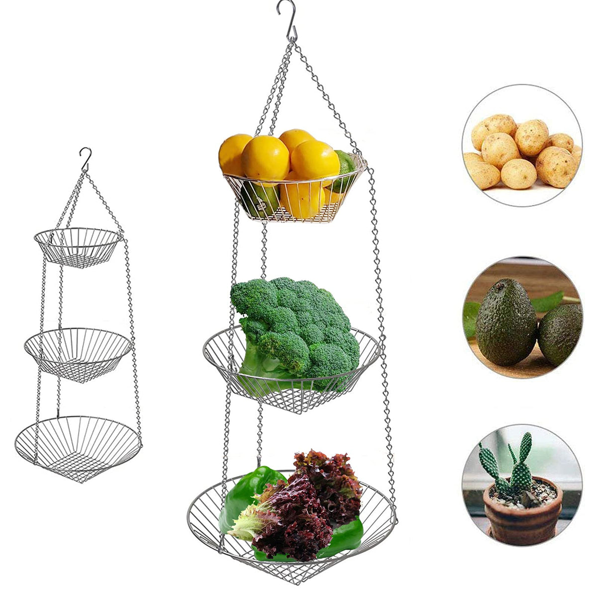 Ipstyle 3 Tier Fruit Tray Basket Vegetable Kitchen Storage Basket Chain Hanging Space Saving Rustic Country Style Chicken Wire F