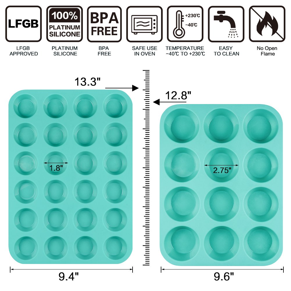 Caketime Silicone Muffin Pan Cupcake Pan Set - Mini 24 Cups And Regular 12 Cups Muffin Tin, Nonstick Food Grade Silicone Molds W
