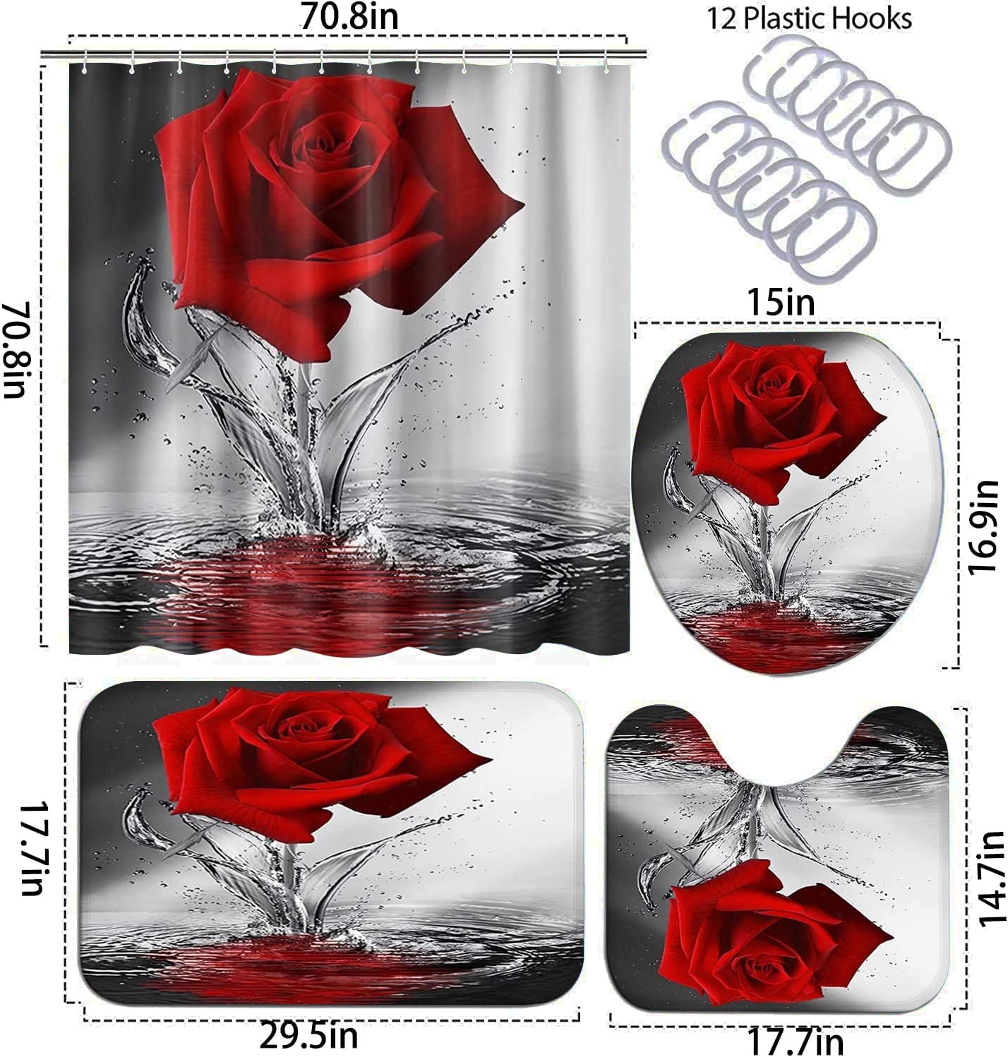 Omebero 4Pcs Water Red Rose Shower Curtain Sets, Romantic Flower Christmas Bathroom Decor Sets With Shower Curtain And Rugs, Toi