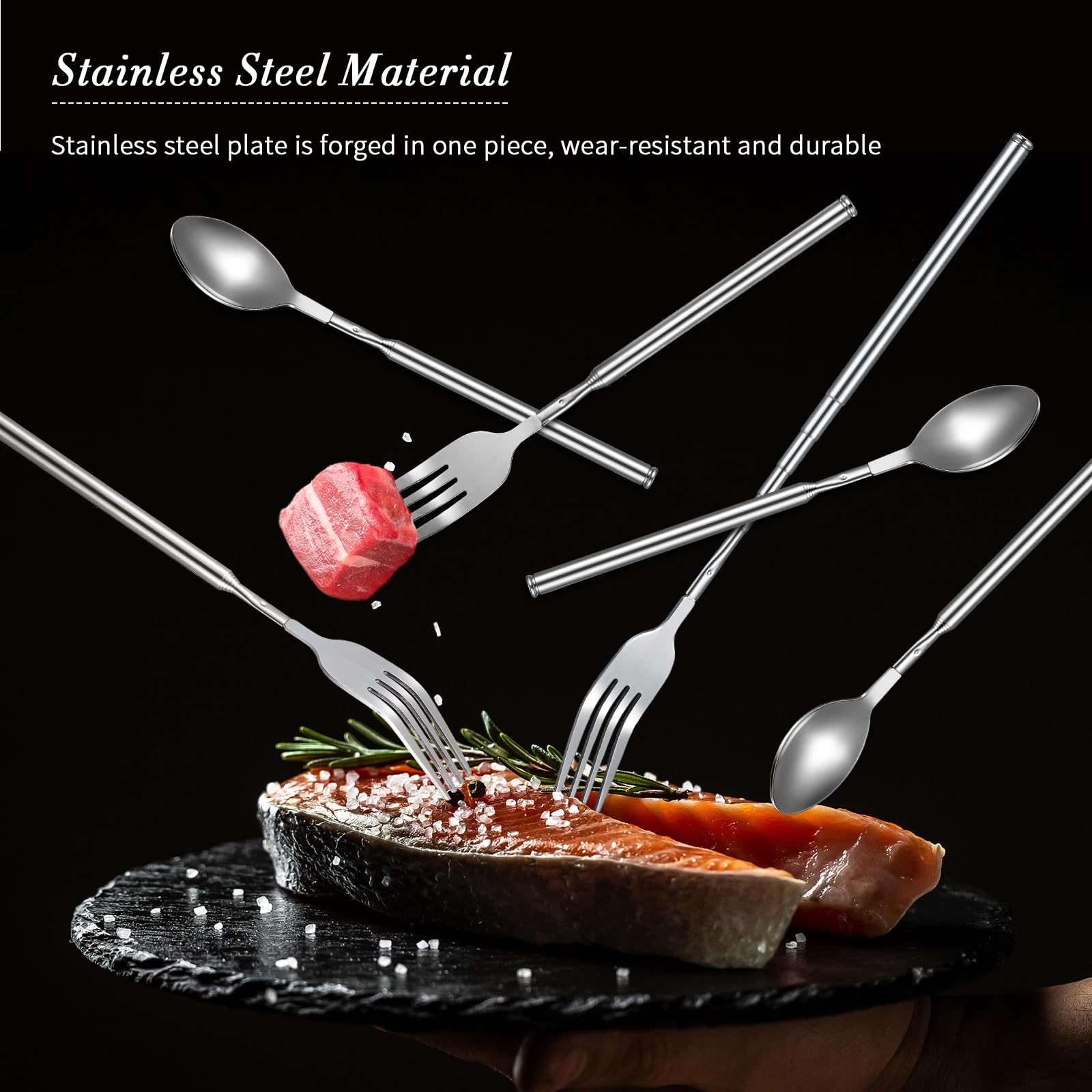 Geetery 2 Pcs Extendable Fork Spoon Set Retractable Extend to 25 Inch Telescopic Spoon Long Telescoping Fork Stainless Steel Din