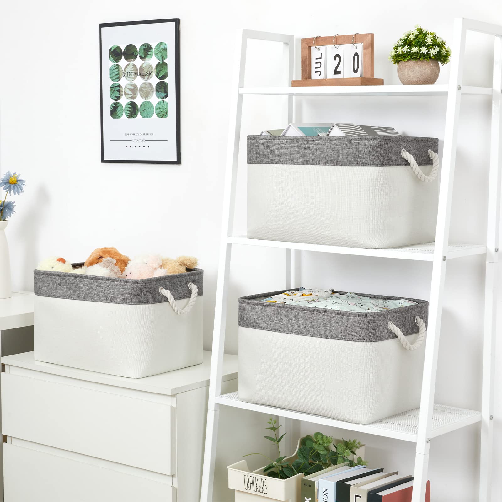 Bidtakay White Baskets With Cotton Rope Handles Decorative Storage Bins [3-Pack] Fabric Bins For Organization Linen Closet Shelf