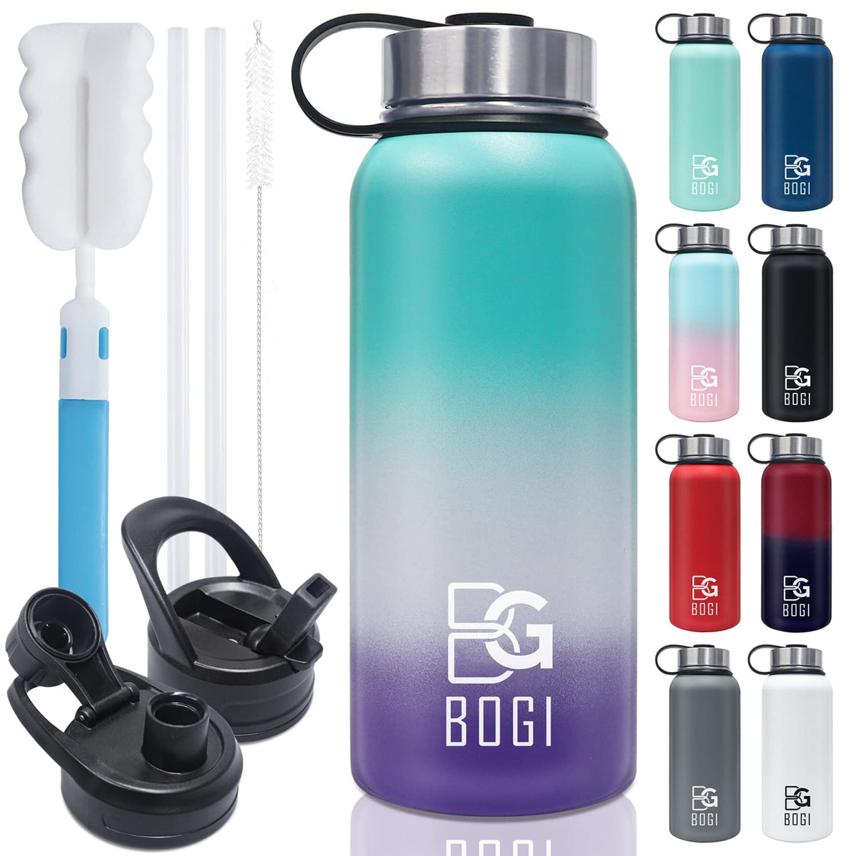 Bogi Insulated Water Bottle 32 Oz, Double Wall Vacuum Stainless Steel Water Bottle With Straw And 3 Lids, Sweat-Proof Wide Mouth