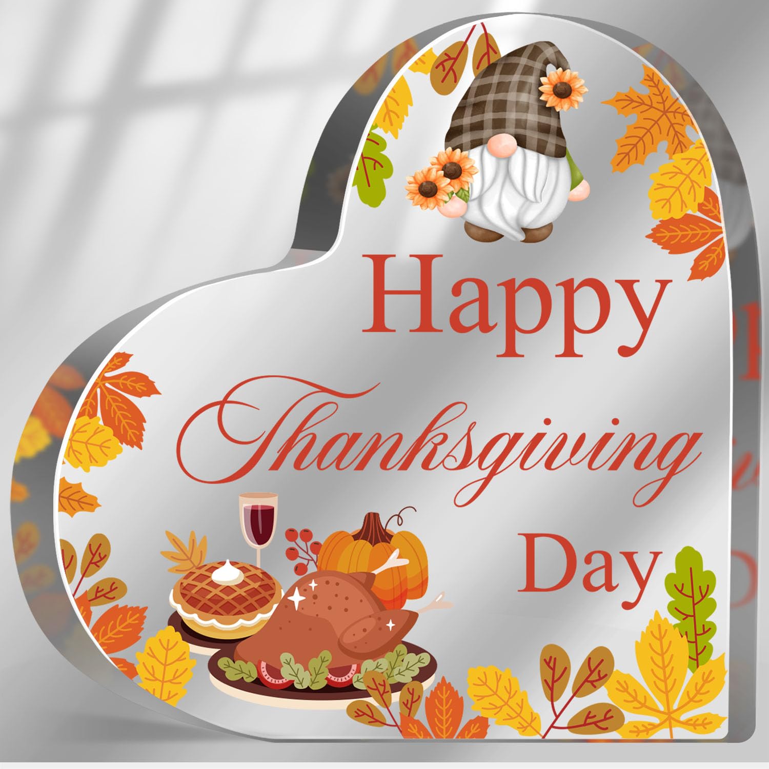 Happy Thanksgiving Gifts for Women Men, Pumpkin Gnomes Decorations Sign for Home Office, Autumn Acrylic Heart Shaped Plaque, Fal