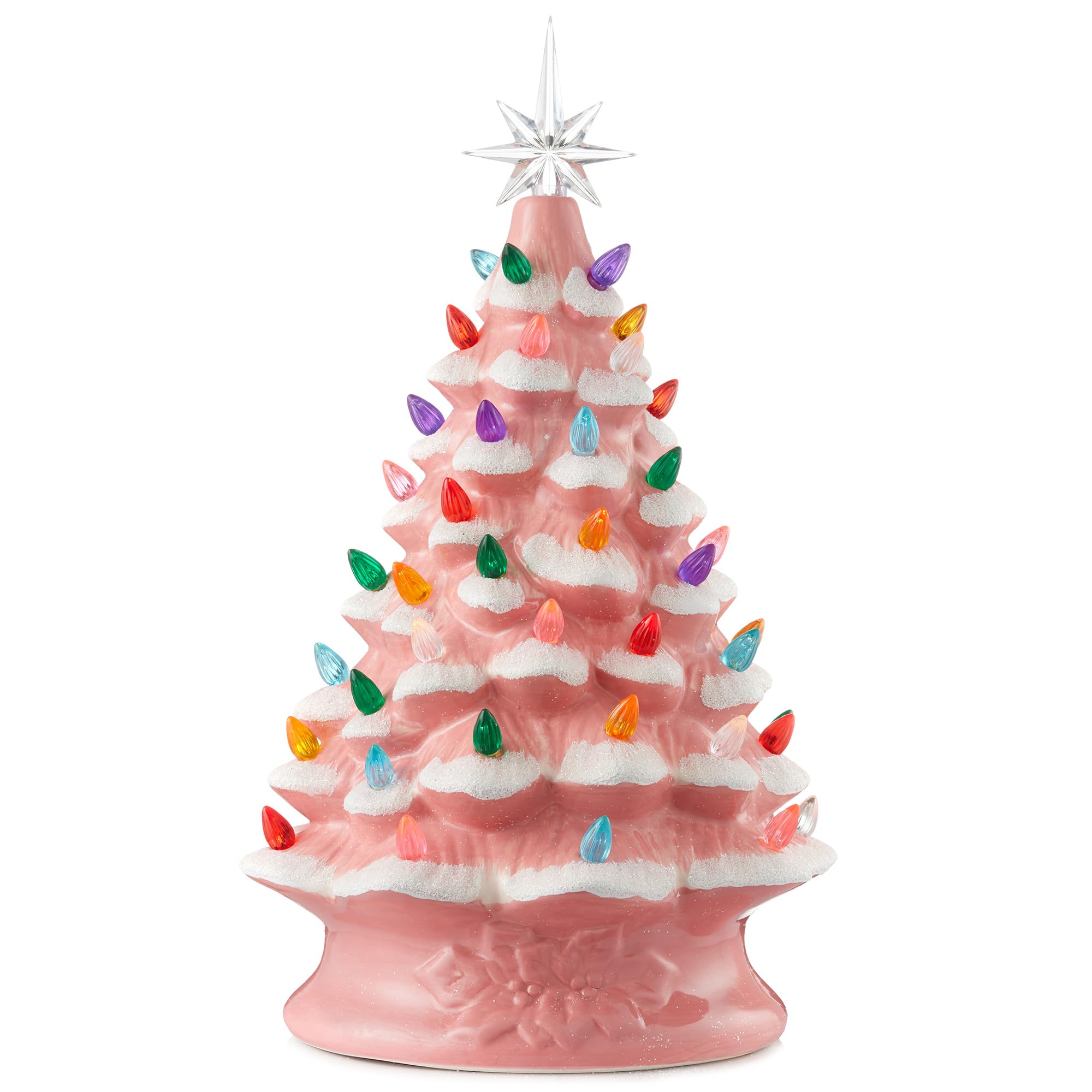 Casafield Hand Painted Ceramic Christmas Tree, Pink Snow Flocked 15-Inch Pre-Lit Tree with 128 Multi Color Lights and 2 Star Top