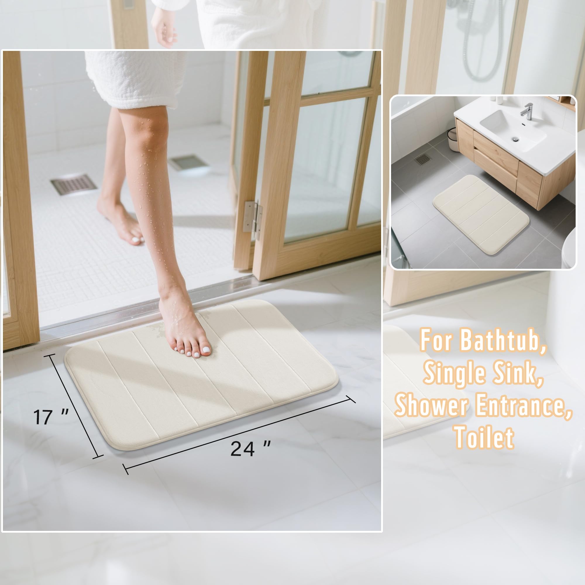 Yimobra Memory Foam Bath Mat Rug  24 x 17 Inches  Comfortable  Soft  Super Water Absorption  Machine Wash  Non-Slip  Thick  Easier to Dry for Bathroom Floor Rugs  Cream