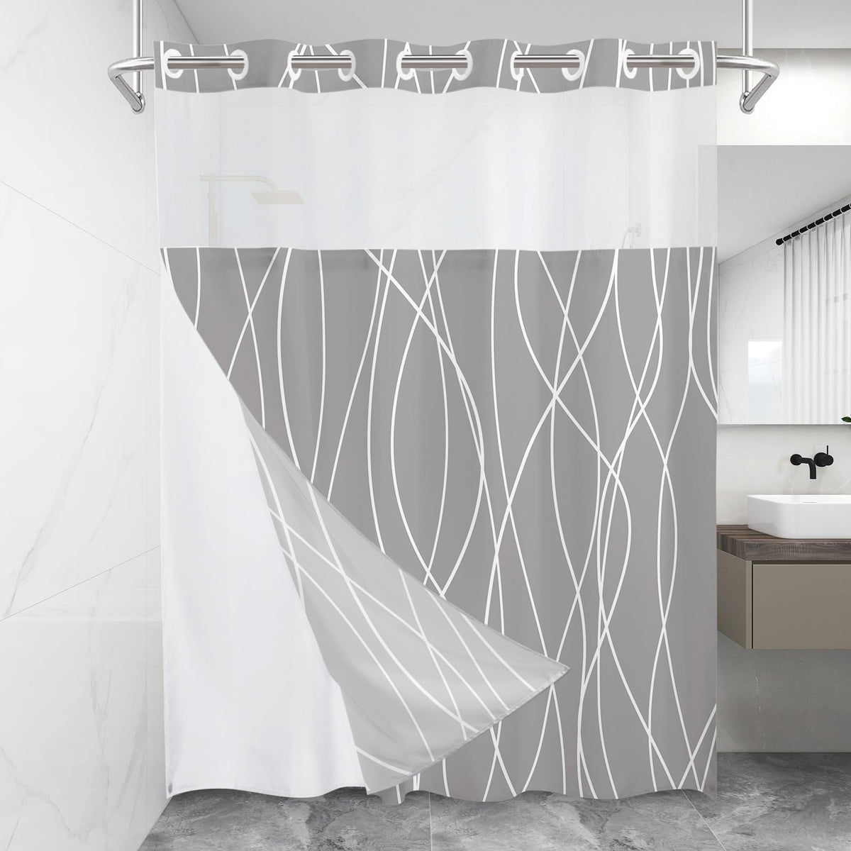 Lxbni No Hook Light Grey Striped Shower Curtain With Snap In Fabric Liner Set - Hotel Shower Curtain And Liner Set With See Thro