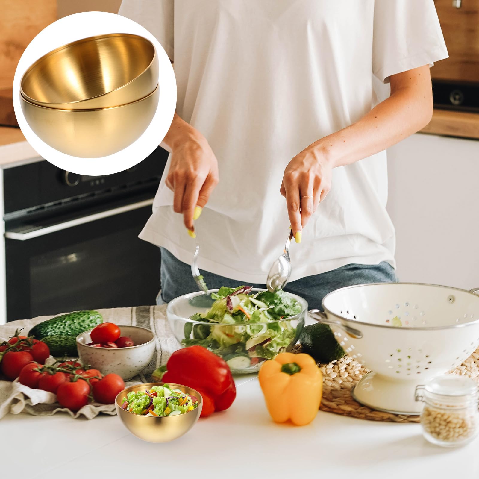 Luxshiny 2Pcs Stainless Steel Salad Bowl Soup Bowls Fruit Bowls Snack Bowls For Korean Kitchen Restaurant Gold