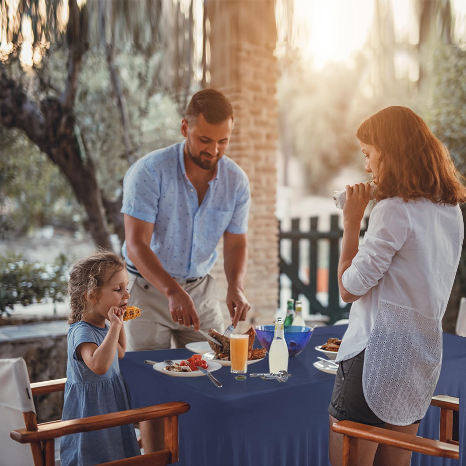 Bddc Table Skirts For Rectangle Tables 8Ft - One-Piece Navy Blue Table Covers For 8 Foot Tables, Wrinkle Resistant Ruffles Elast
