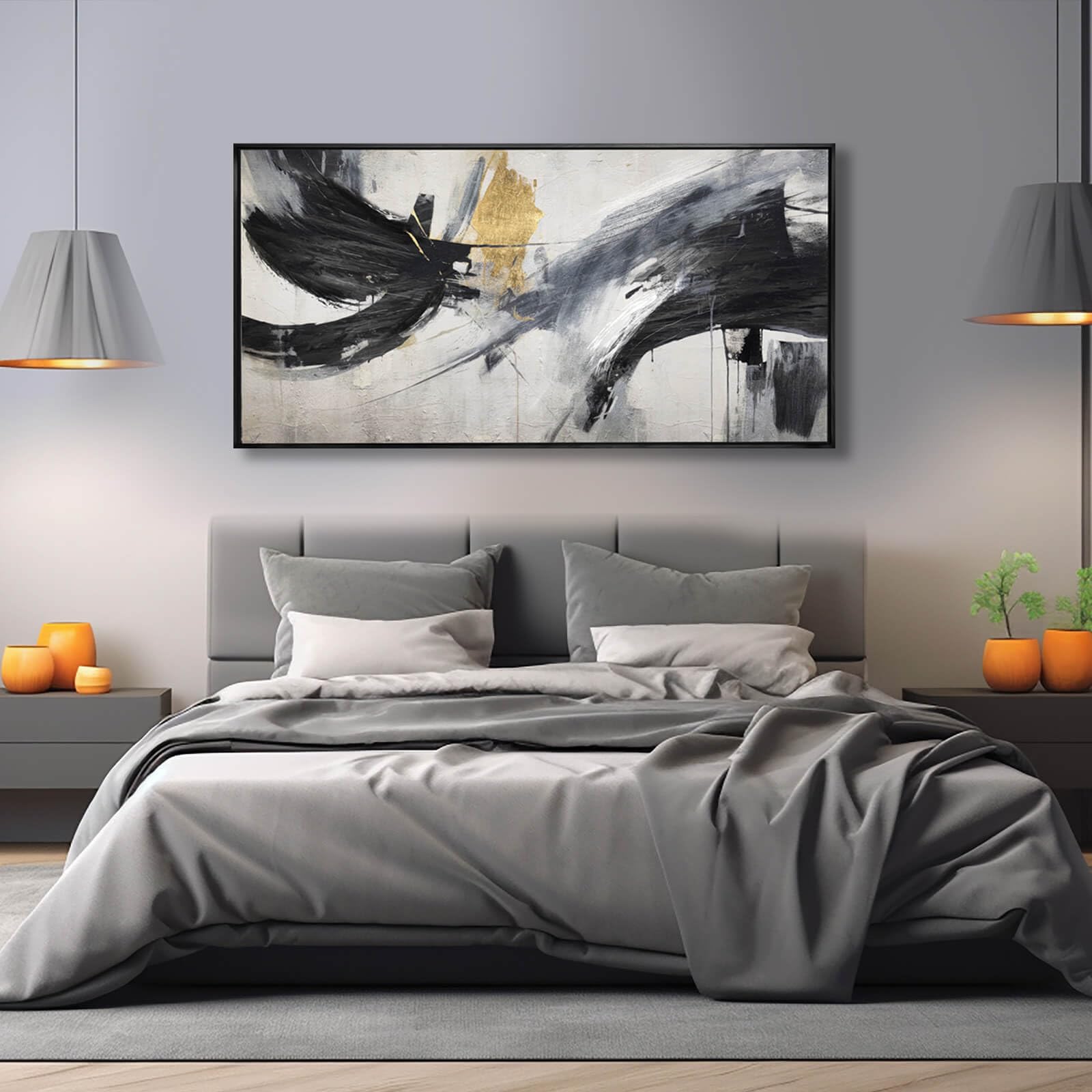 Black White Decor Abstract Lines Picture Framed Wall Art Large Wall Decorations Neutral Room Decor 24''X 48'' Painting