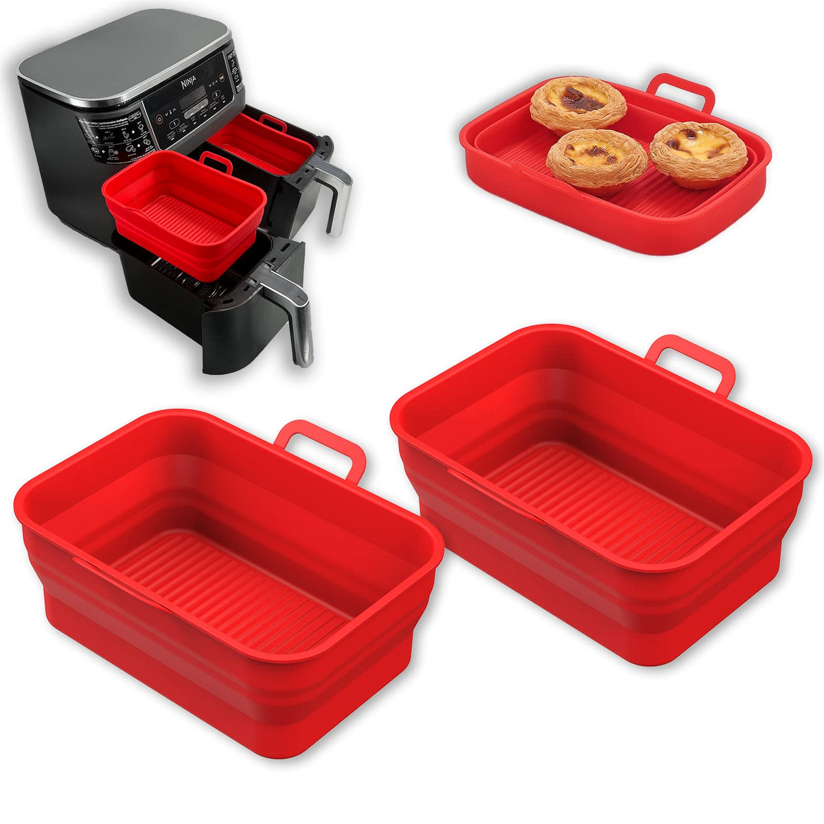 Vangerute Collapsible 2-Pack Air Fryer Silicone Liners For 8Qt & 10Qt Ninja Foodi Dual Air Fryer,Rectangular Air Fryer Silicone