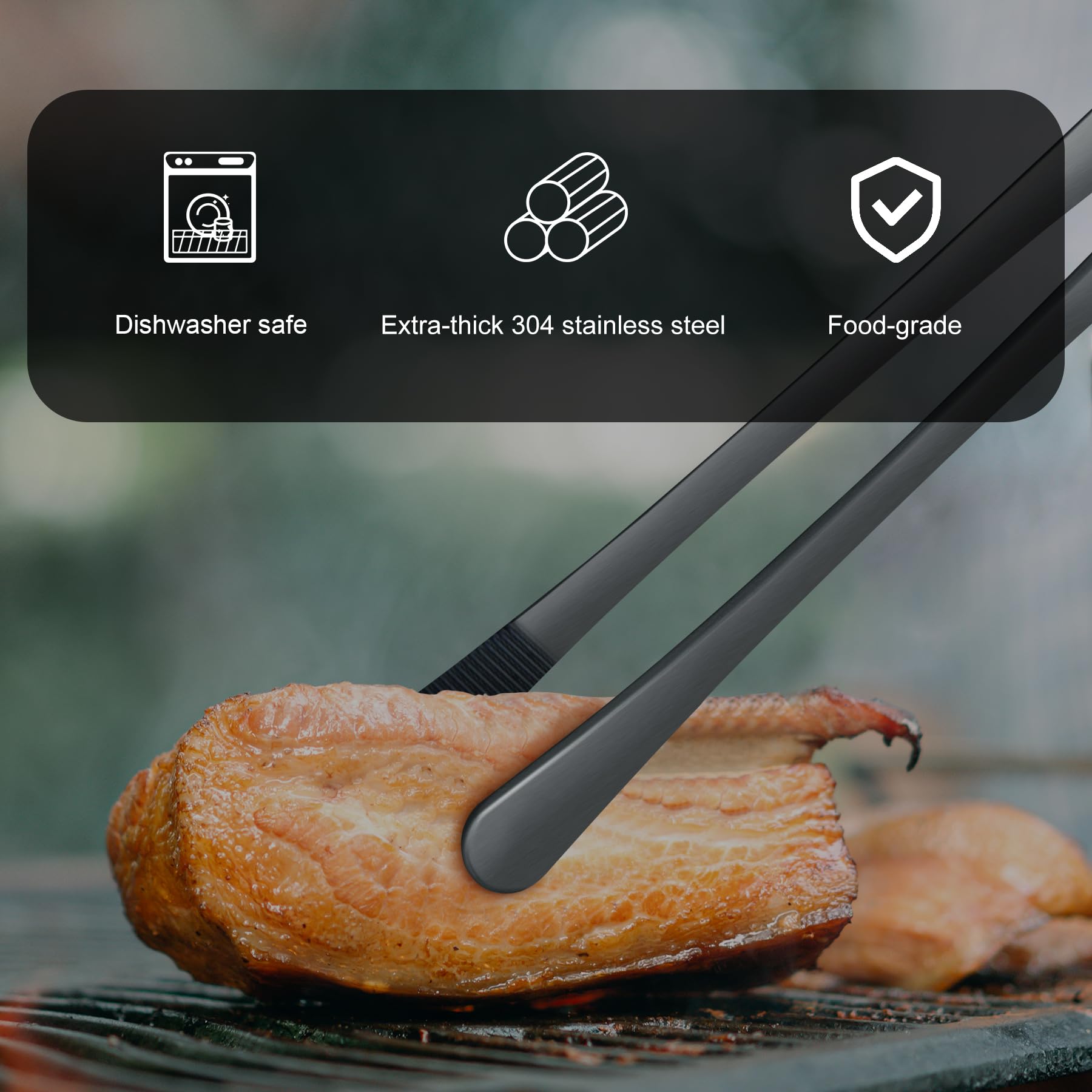 HOTEC 12-Inch Stainless Steel Kitchen Tweezers Set of 2 - Black with Hook, Professional Tongs for Cooking, Grill, and Baking