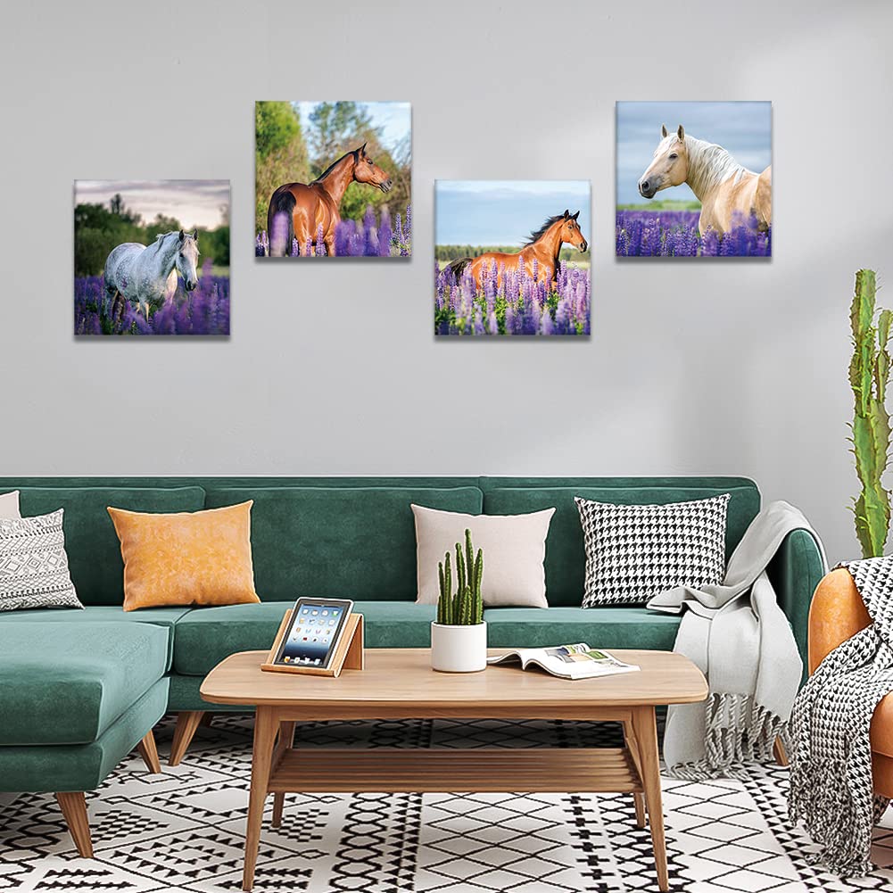 Otostar 4 Pieces Wall Art Canvas Prints - Purple Lavender And Horse Picture Painting - Modern Wall Artwork Framed For Gifts Bath