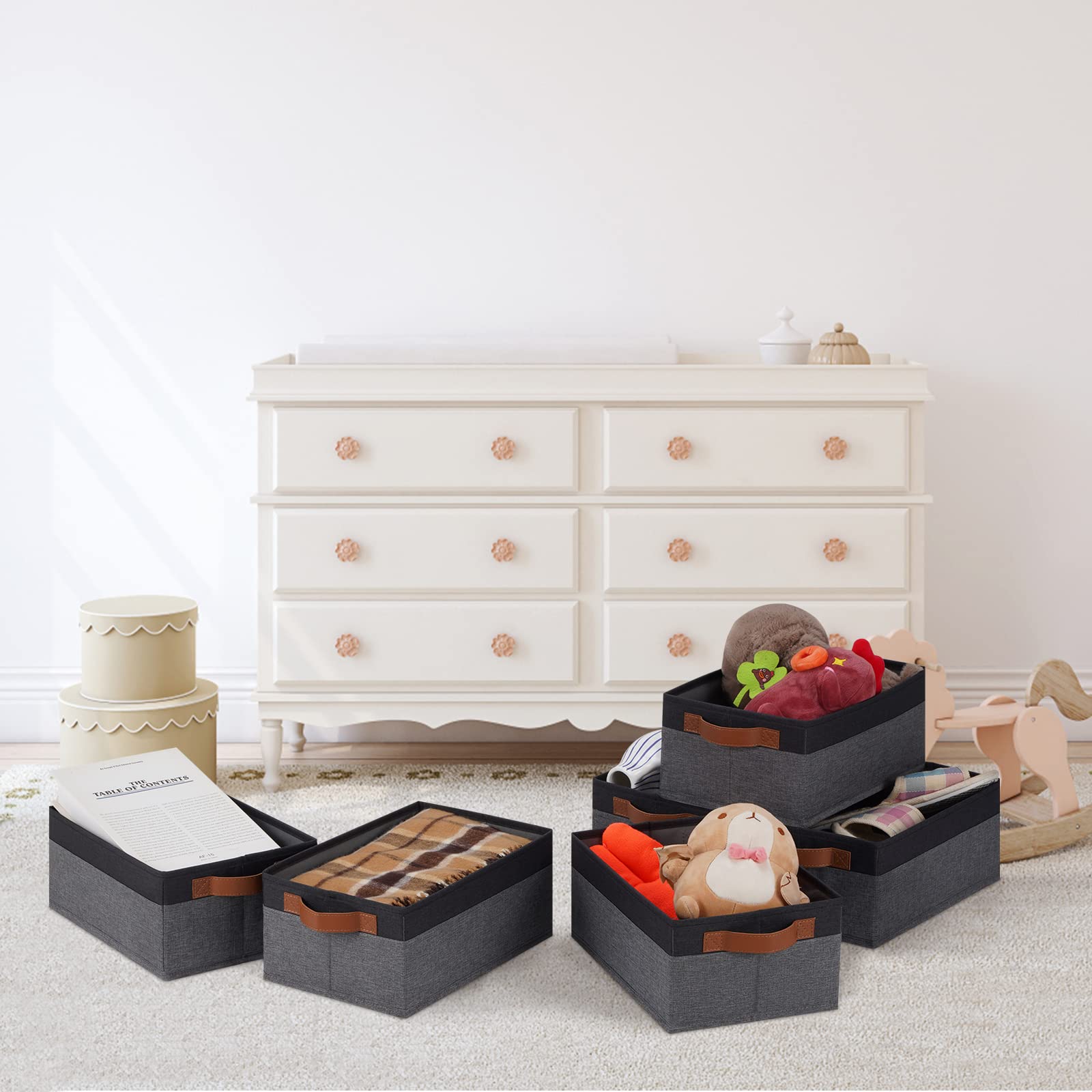 Ghvyennttes 6 Pack Storage Baskets For Organizing, Fabric Storage Bins With Leather Handles, Foldable Storage Baskets For Shelve