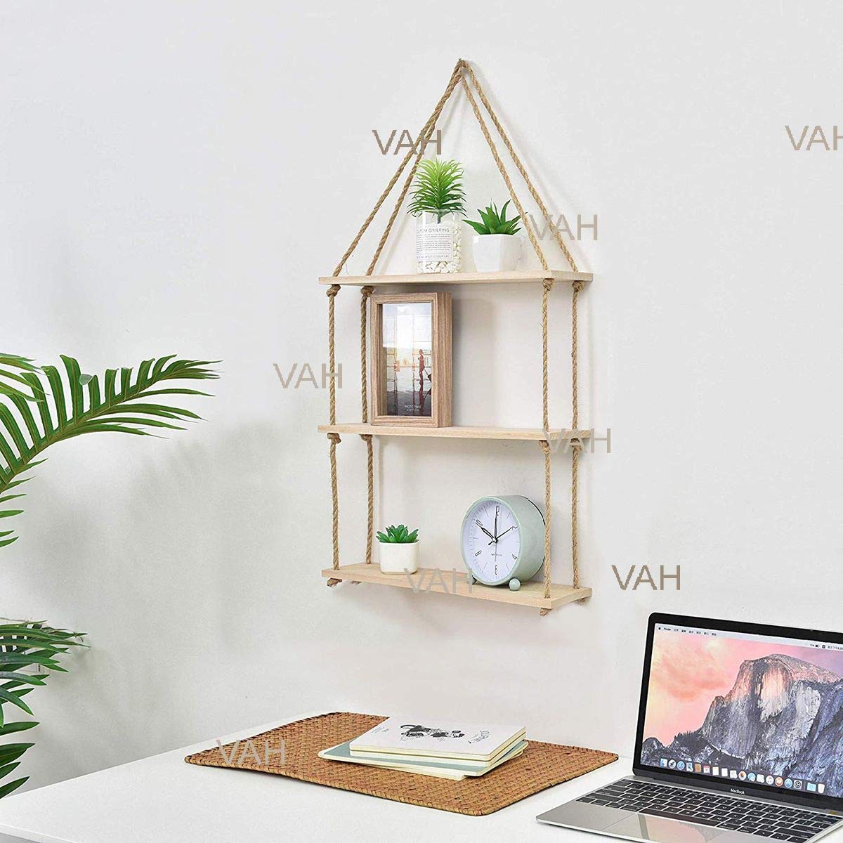 VAH Wall Hanging Shelf, Real Pine Wood Floating Shelves for Wall Rustic Rope Shelves Plant Shelf Farmhouse Decor for Living Room