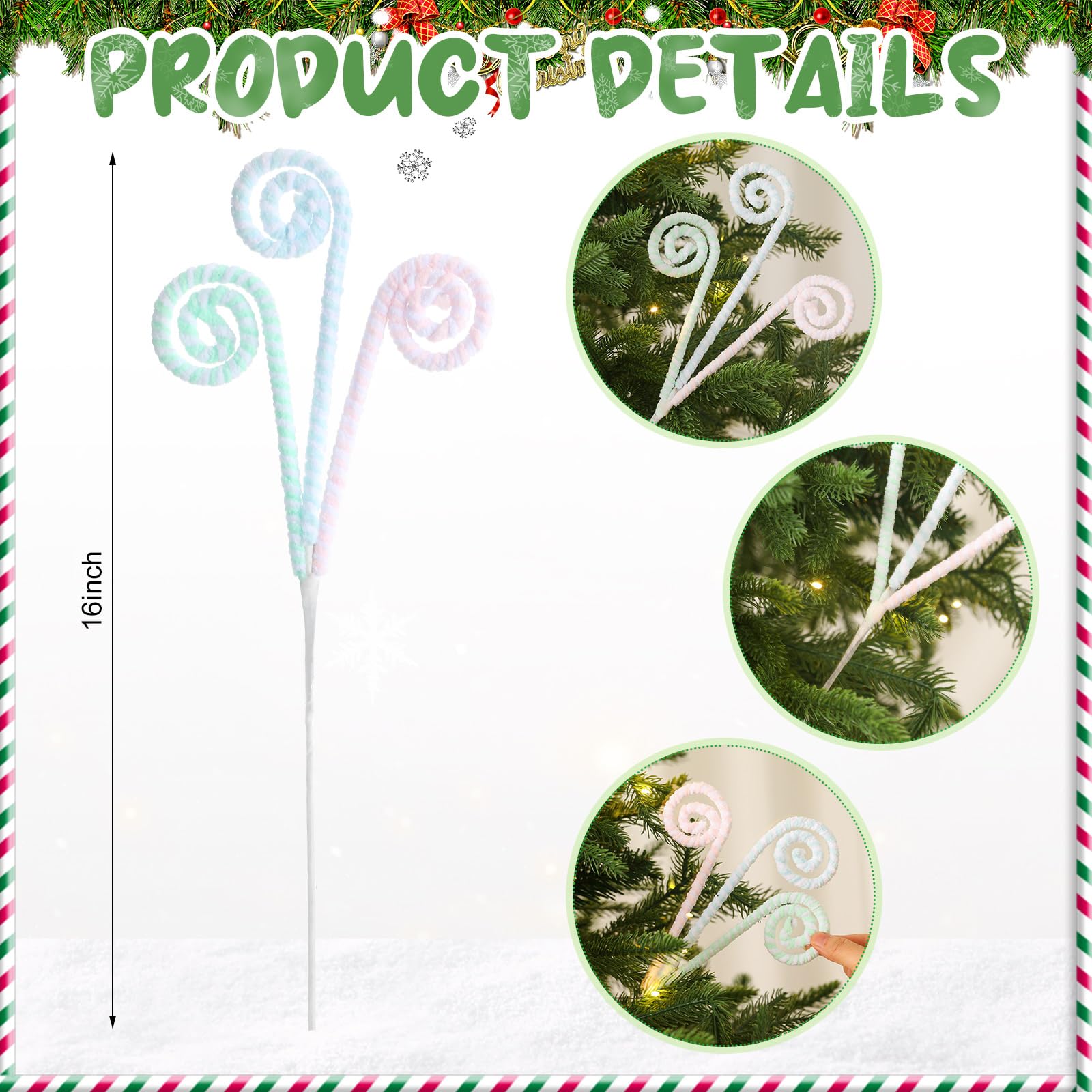 Gerrii 16 Pastel Christmas Decor Candy Cane Tree Picks Christmas Ornament Pastel Curly Pick Spray Macaron Stem Topper Large Loll