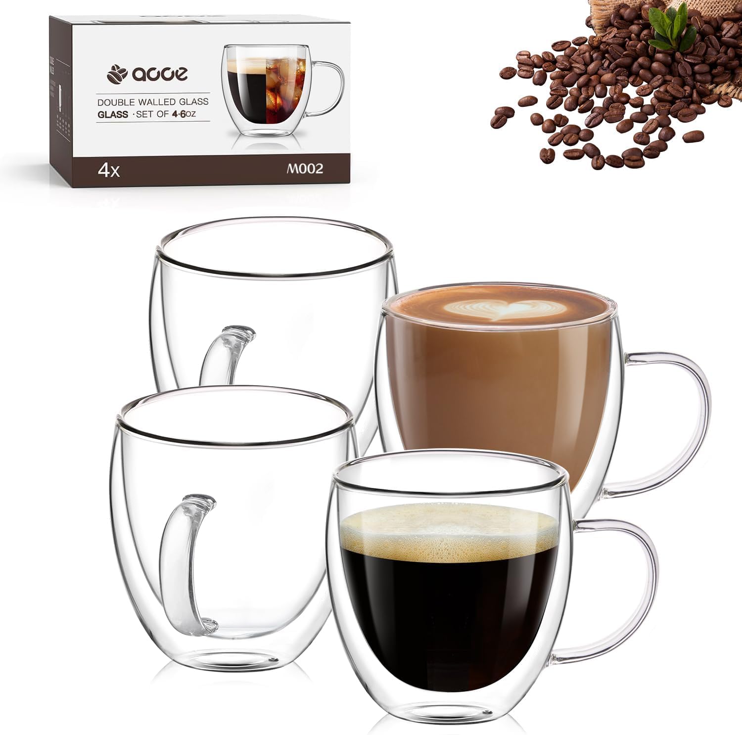 Oja 6 Oz Espresso Cups Set Of 4, Double Wall Glass Mugs With Handle Perfect For Cappuccino, Latte, Tea, Clear Glass Espresso Sho