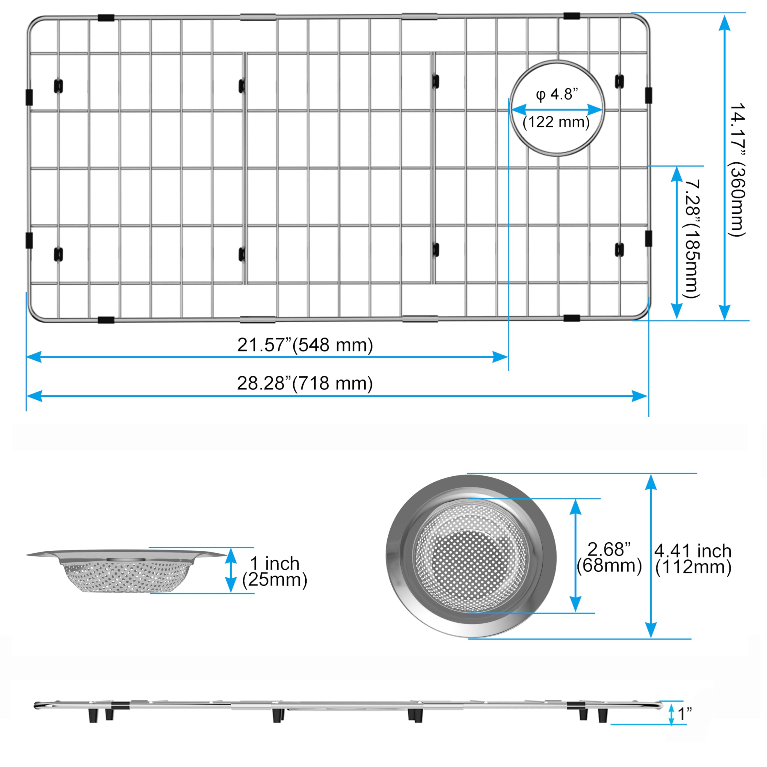 Ipegtop Sink Bottom Grid, Stainless Steel Sink Protector 28-1/4'' X 14-1/4'' Side Drain Hole With Corner Radius, Sink Grate For