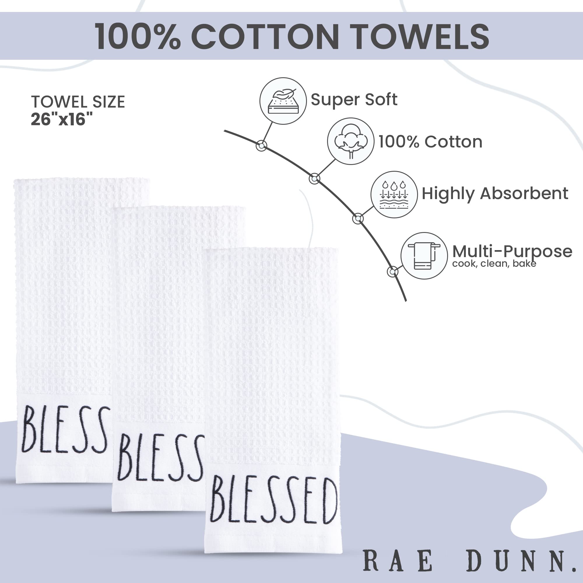 Rae Dunn Set of 3 Hand Towels for Kitchen and Bathroom  100% Cotton  Embroidered White Dish Towels Embroidered Blessed  16 inches x 26 inches Decorative Hand Towels