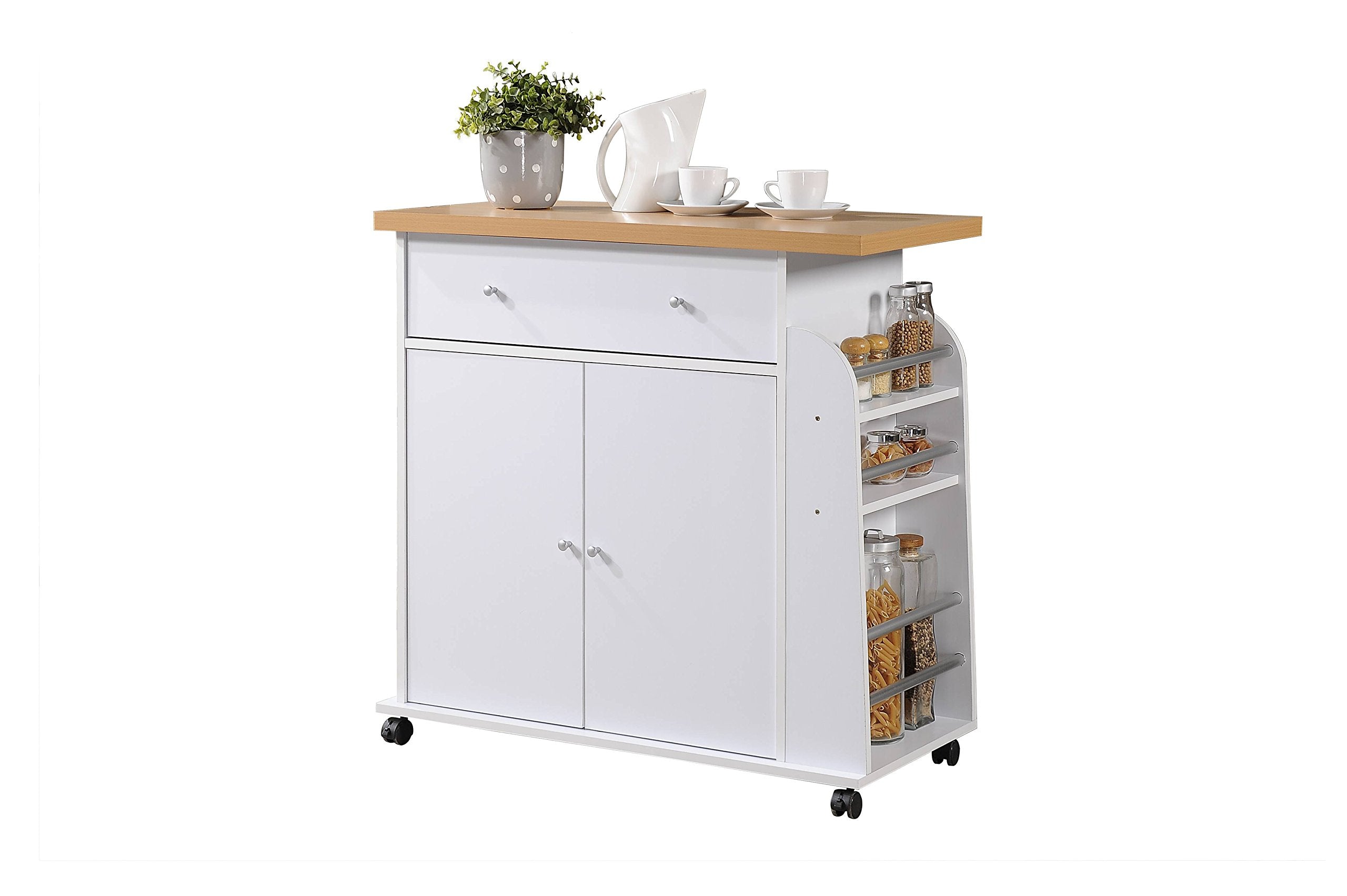 Hodedah Kitchen Cart with Spice Rack in White