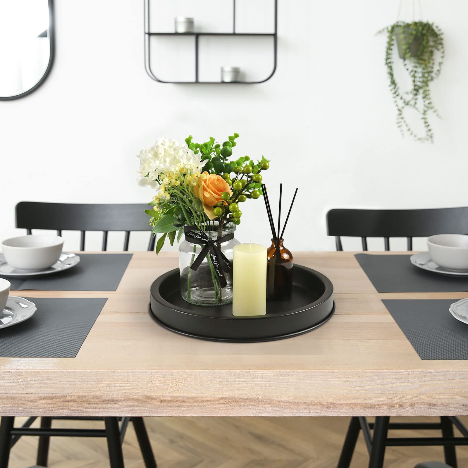 Frtim Black Decorative Serving Round Tray, Black Metal Decor Tray For Home Decor Coffee Dining Table Centerpiece Farmhouse Kitch